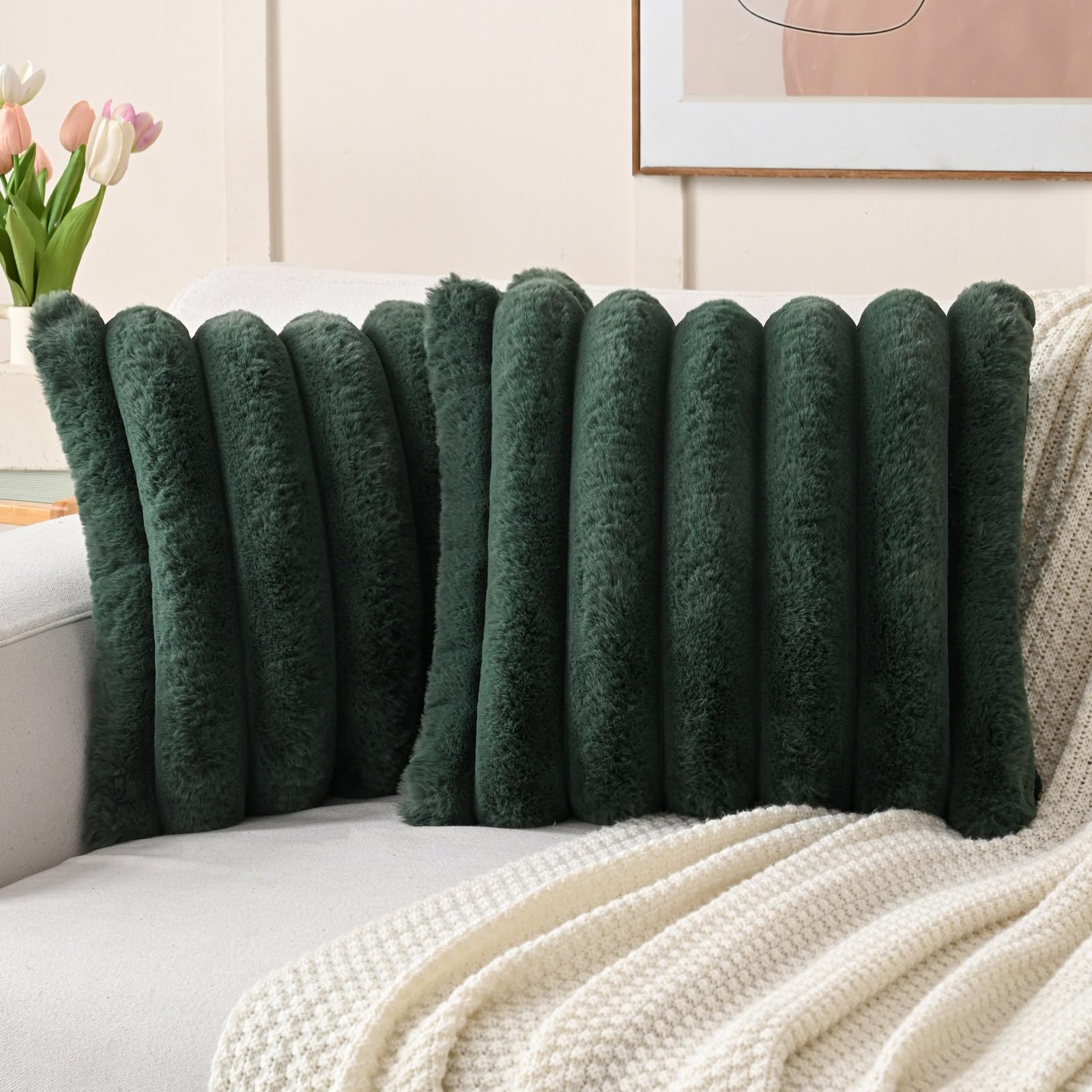 Futei Dark Green Decorative Throw Pillow Covers 20X20 Inch Set Of 2, Square Soft Faux Rabbit Fur Big Striped Cushion Cover,Home
