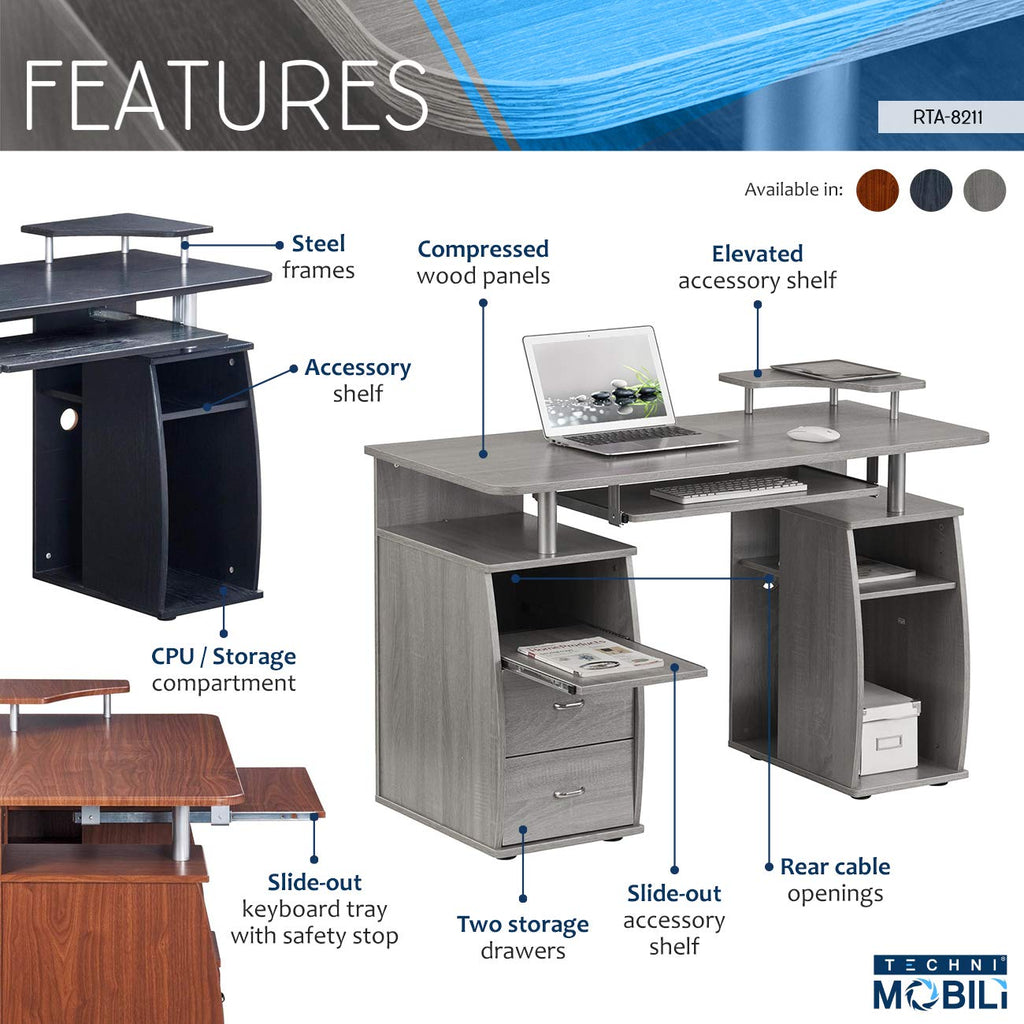 Techni Mobili 47" Computer Desk with Drawers and Storage, Office Desk with Printer Shelf, Pull Out Shelf and Keyboard Tray, Computer Workstation, Grey