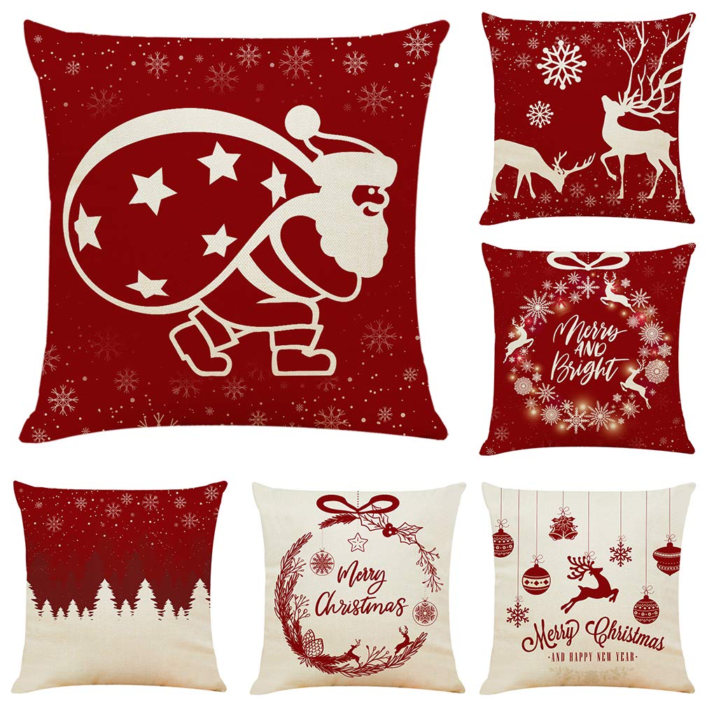 Sunnyglade 6Pcs 18'X18' Christmas Throw Pillow Covers Christmas Decorative Couch Pillow Cases Cotton Linen Pillow Square Cushi