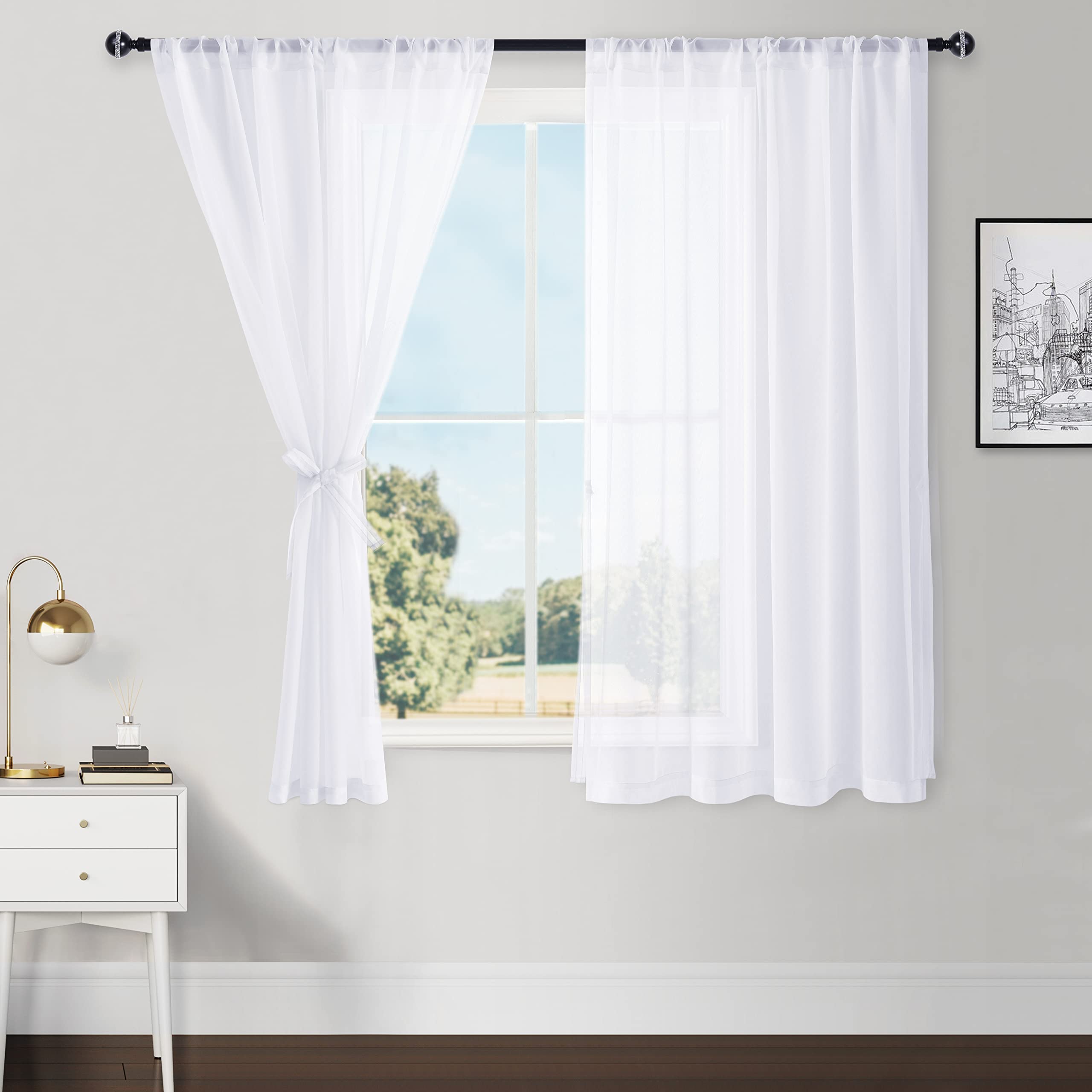 Hiasan White Sheer Curtains For Kitchen With Tiebacks, Rod Pocket Light Filtering Voile Small Half Window Curtains For Living Ro
