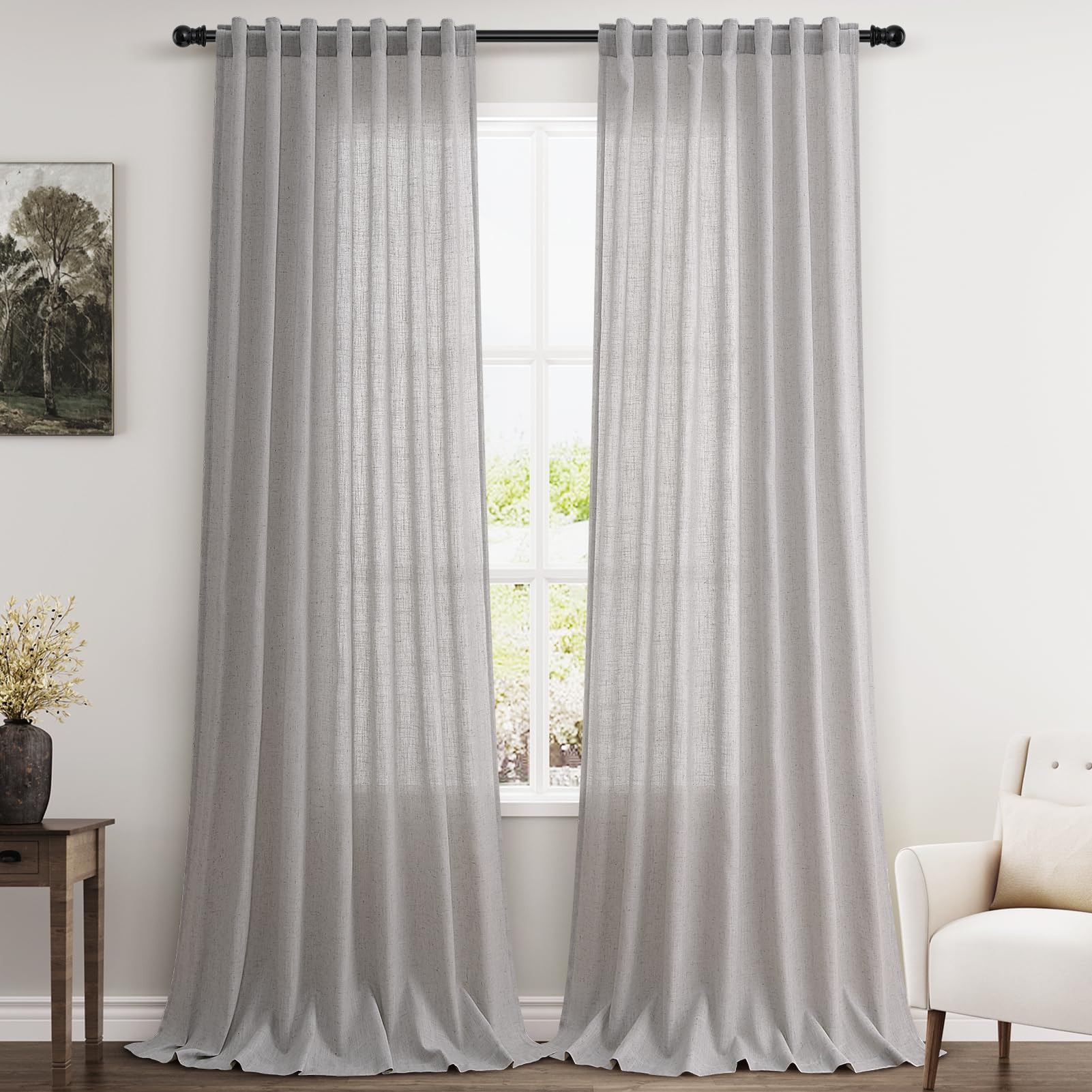 Nanspring Silver Birch Back Tab Linen Curtains For Living Room 2 Panels Set Semi Sheer Curtains For Dining Room 52X90