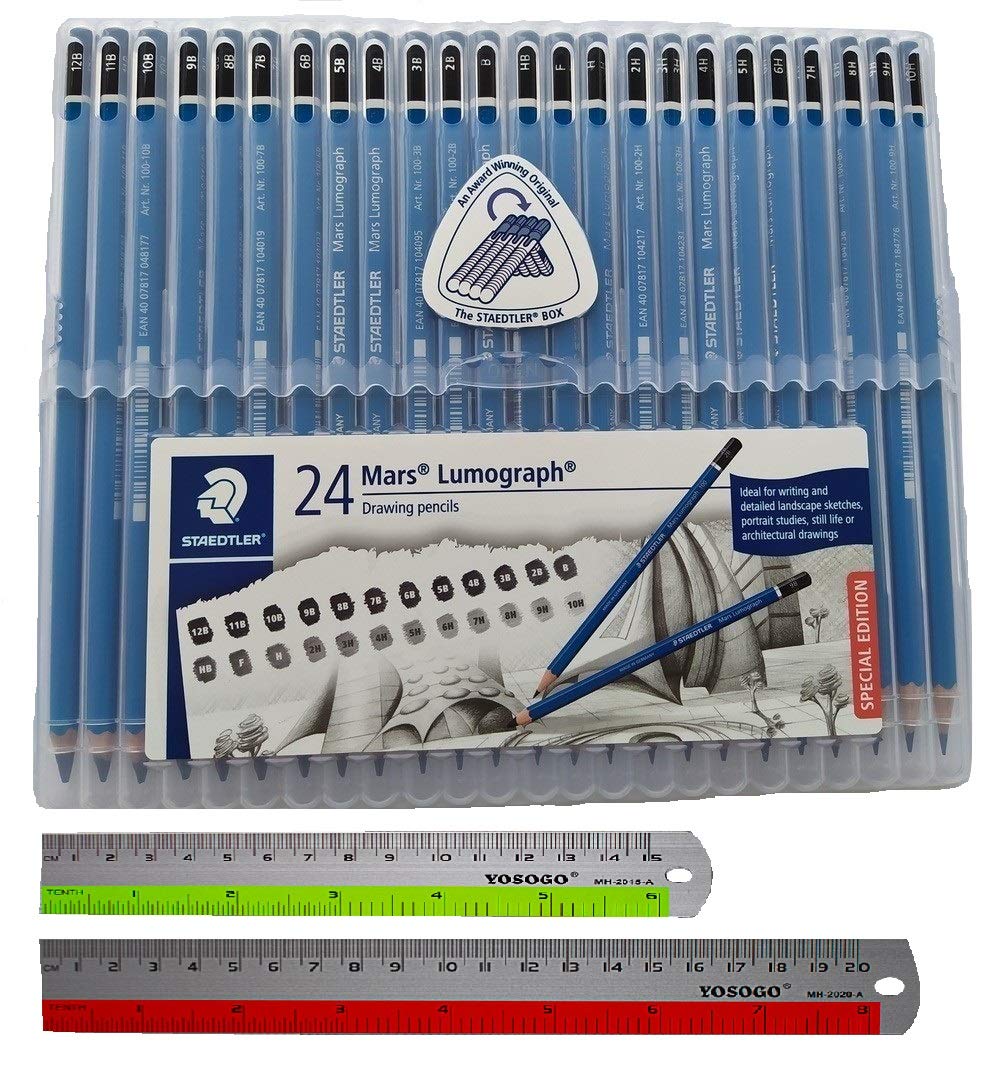 Wooden Pencil By Staedtler Mars Lumograph - Pack Of 24 Degrees In Practical Plastic Storage Box With 6' And 8' Aluminum Ruler