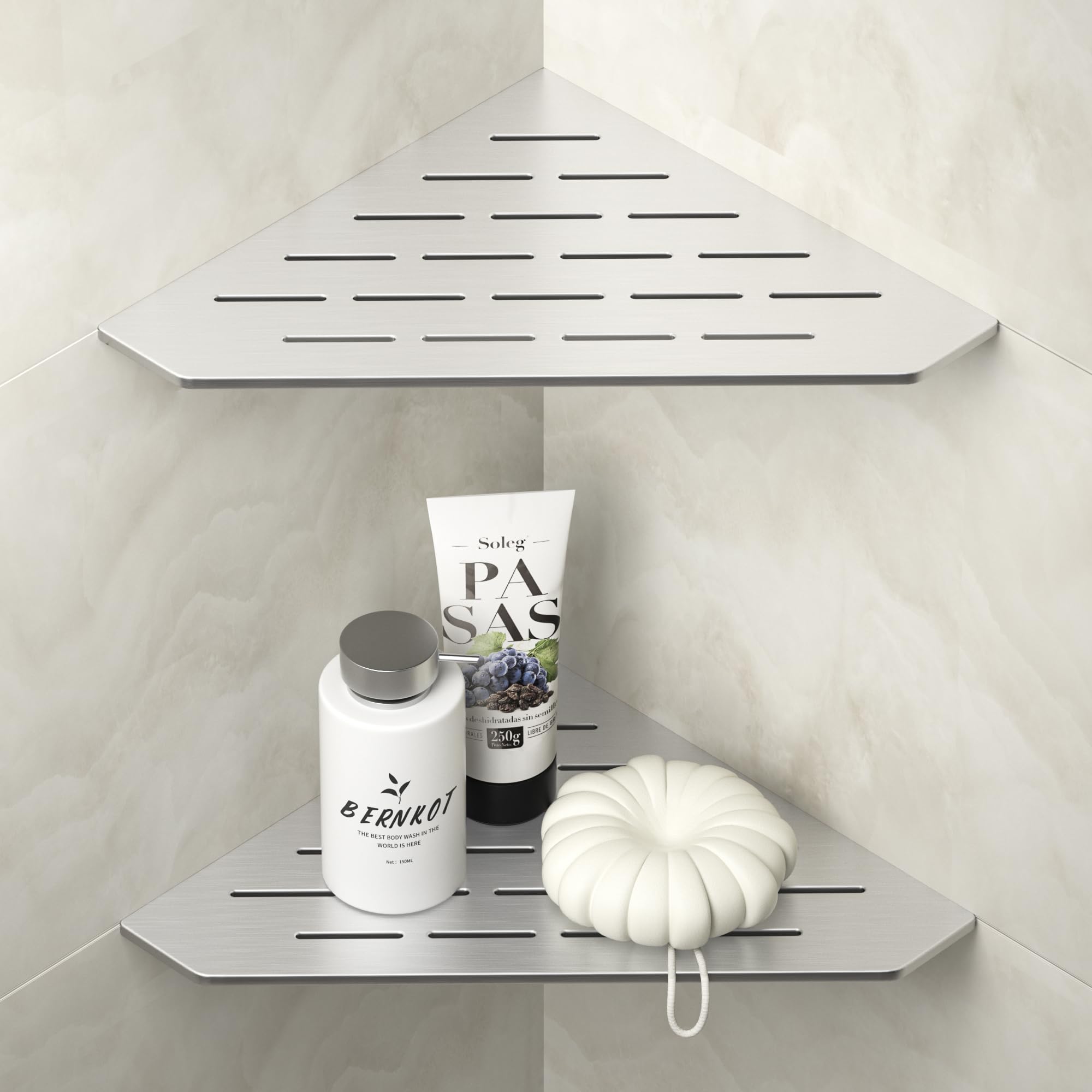 Bernkot Corner Shower Shelf 10 Brushed 304 Stainless Steel Pentagonal Heavy Duty Floating Corner Sheves Slot Design Recessed Bat