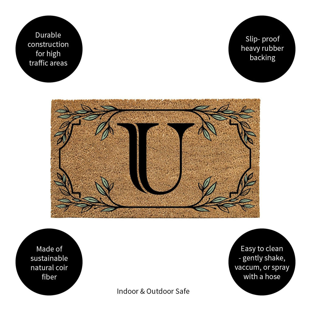 Evergreen Monogram Coir Doormat | Letter U | Front Door Mat For Outdoor Indoor Entrance | 28X16 Inches | Non-Slip Backing Doorwa
