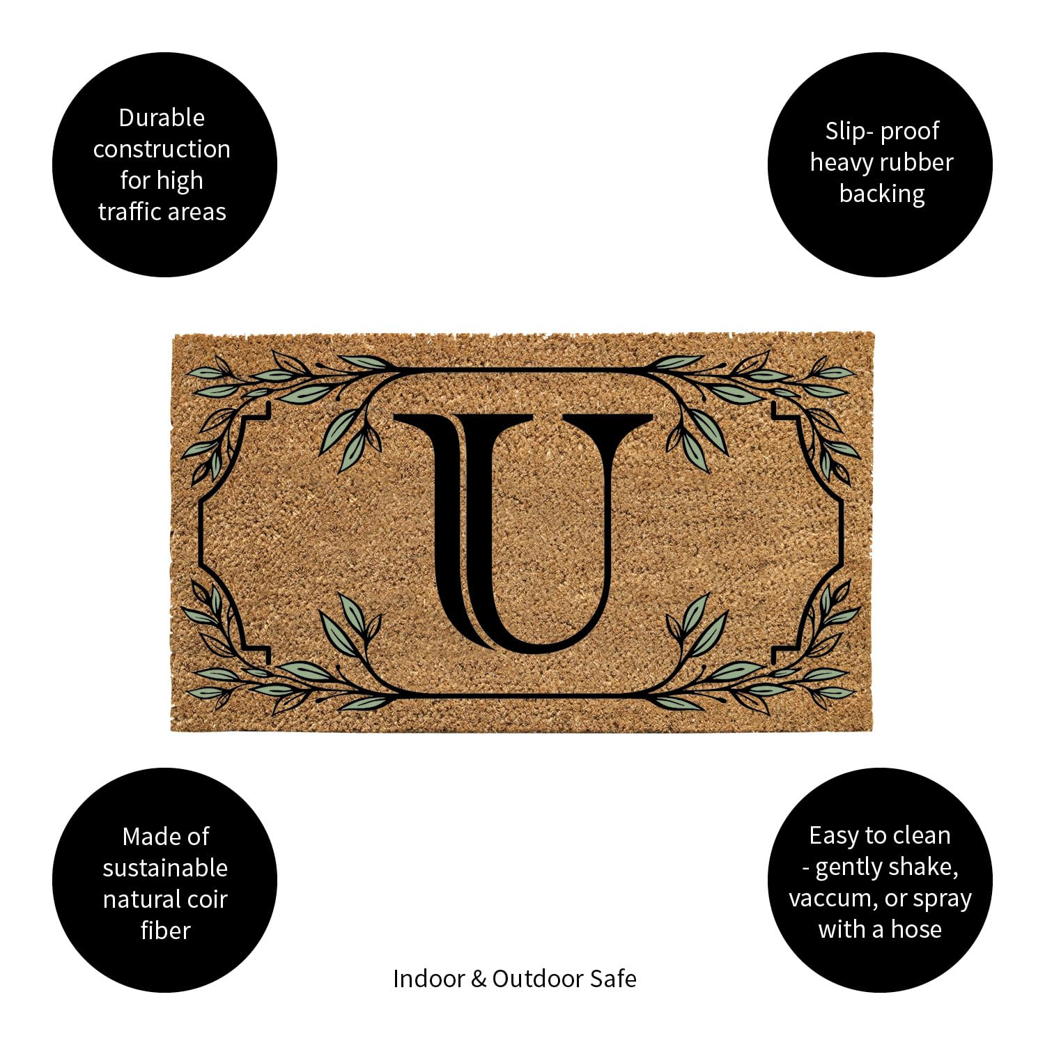 Evergreen Monogram Coir Doormat | Letter U | Front Door Mat For Outdoor Indoor Entrance | 28X16 Inches | Non-Slip Backing Doorwa