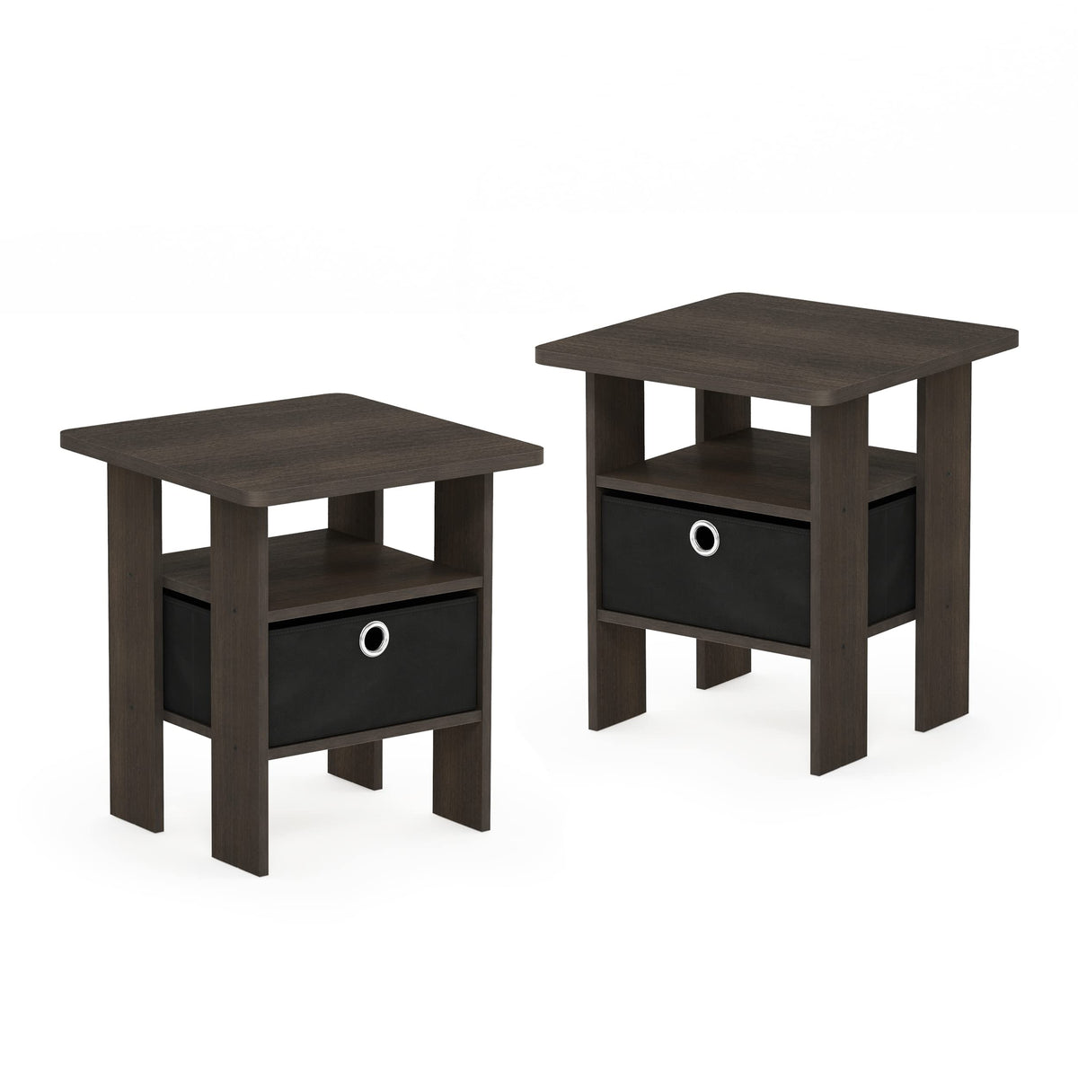 Furinno Andrey Set of 2 End Table / Side Table / Night Stand / Bedside Table with Bin Drawer, Dark Brown/Black