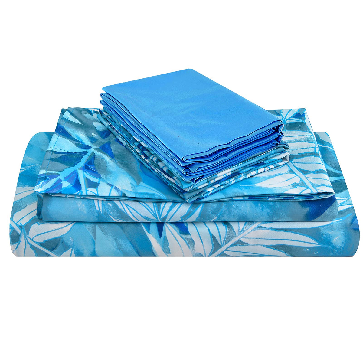 Jsd Turquoise Blue Leaves Print Sheet Set Queen Size, 6 Piece Botanical Pattern Soft Microfiber Sheets Extra Deep Pocket