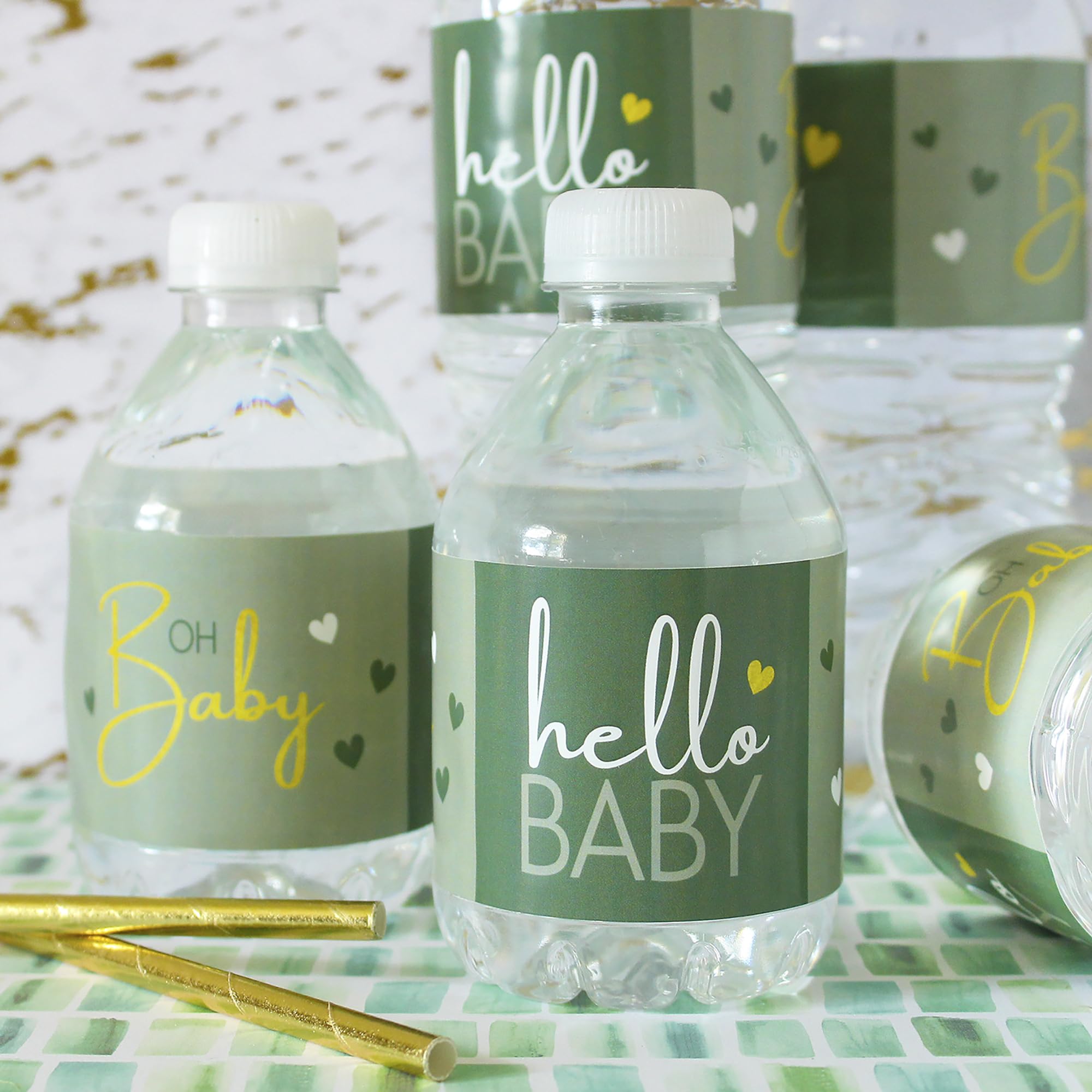 Distinctivs Green And Gold Baby Shower Water Bottle Stickers, Greenery Sweet Baby Waterproof Wrappers - 24 Stickers