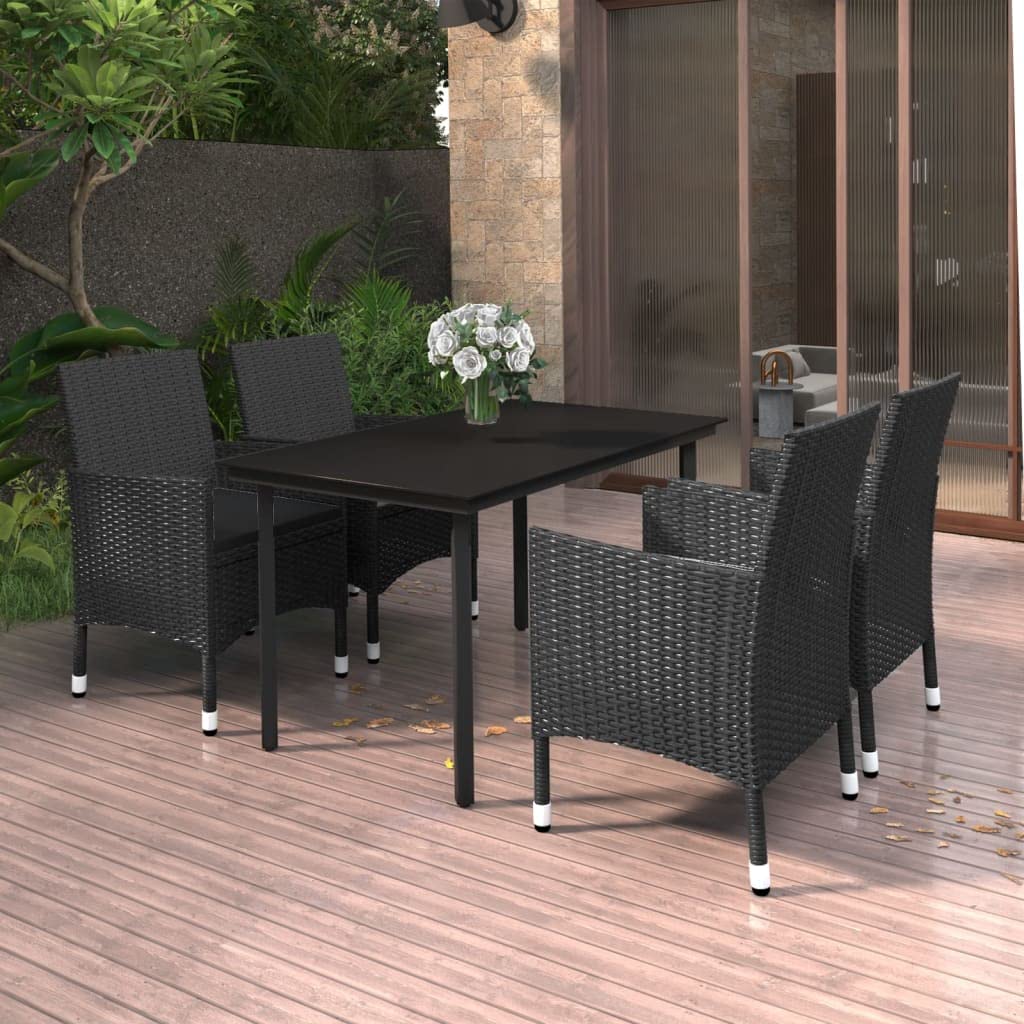 vidaXL 5-Piece Patio Dining Set - Weather Resistant Outdoor Furniture with Cushioned Chairs - Poly Rattan and Glass Tabletop - Black