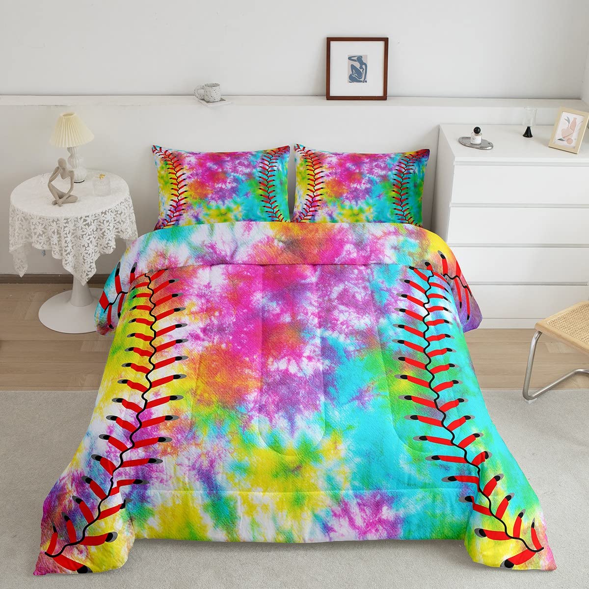 Feelyou Kids Baseball Comforter Boys Girls Softball Sports Game Comforter Set Girly Colorful Tie Dye Bedding Set Teens Men Baseb
