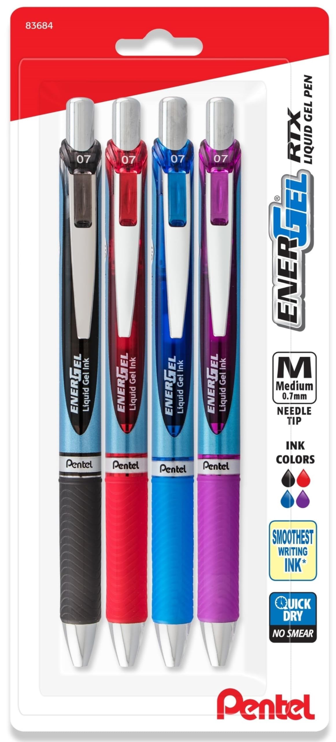 Pentel Energel 0.7 Mm Needle Tip Pens - Rtx Deluxe Retractable Liquid Gel Ink Pens - Assorted Ink Colors - Black, Blue, Red, & V