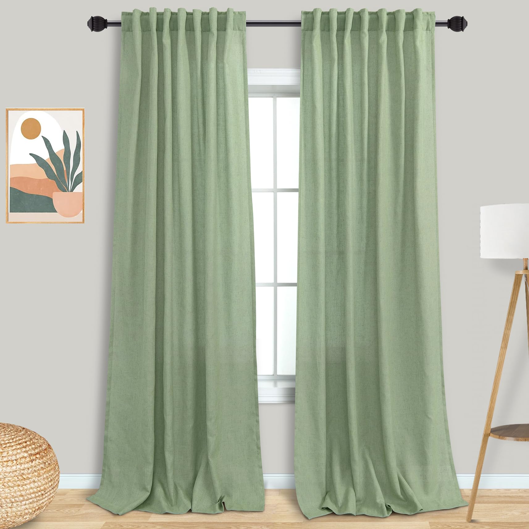 Mrs.Naturall Sage Green Sheer Curtains 96 Inches Long,Light Weight Linen Decorative Spring Curtains For Living Room
