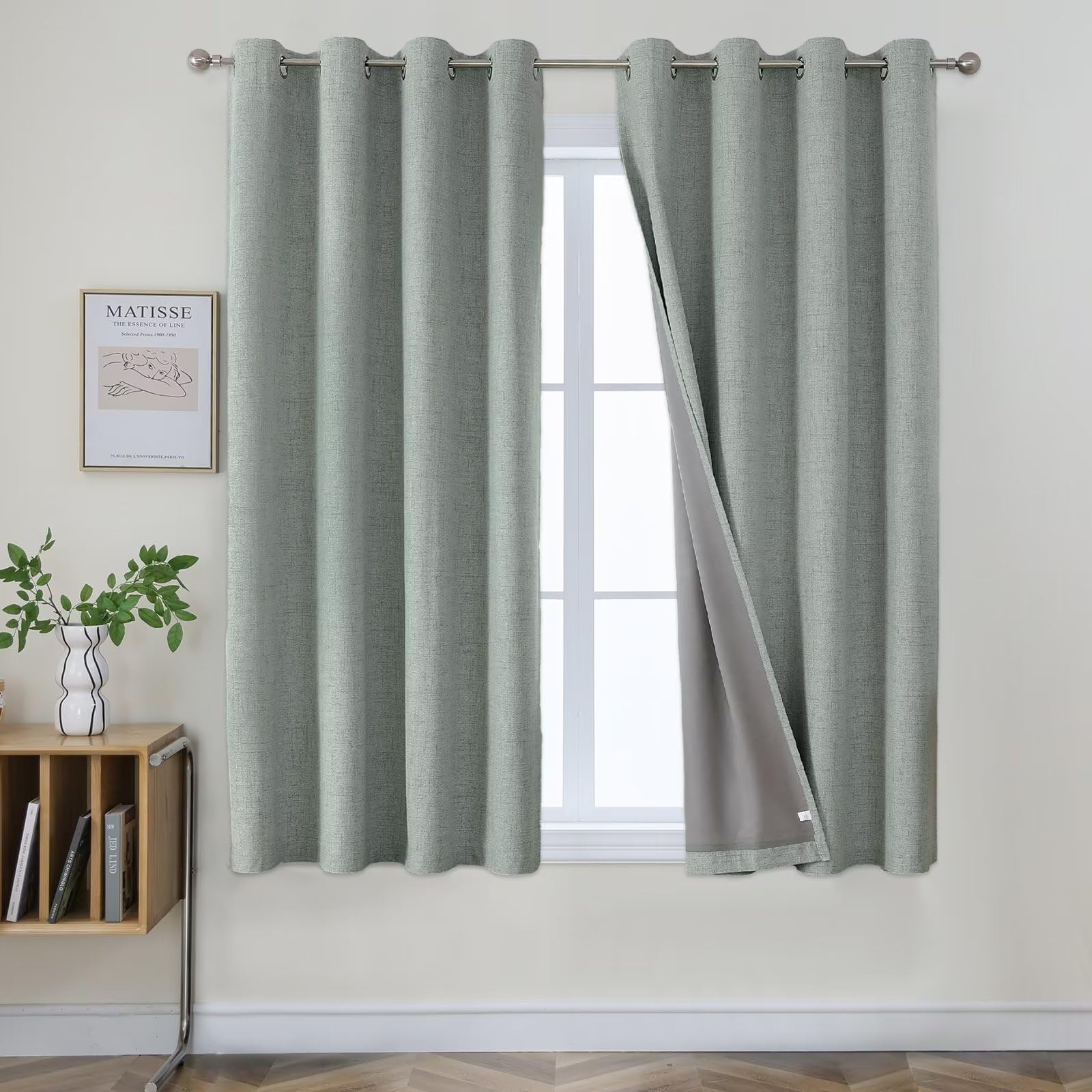 Joydeco Sage Green Curtains 63 Inch Length, Linen 100% Blackout Curtains For Bedroom 2 Panels Set, Thermal Insulated Burlap Grom
