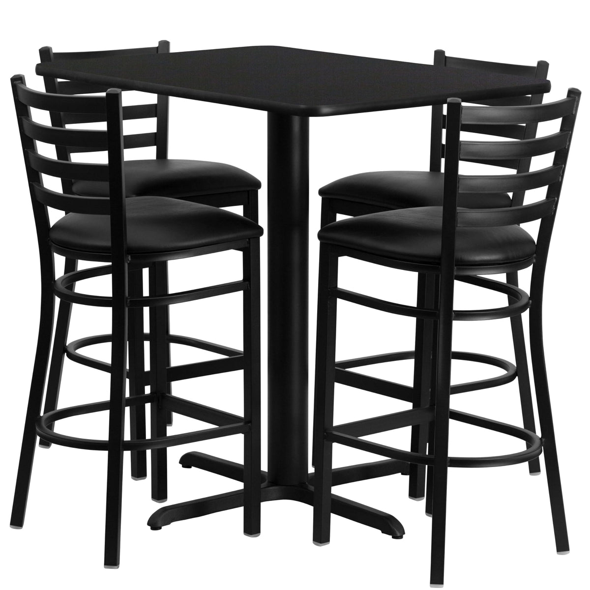 Flash Furniture 24''W x 42''L Rectangular Black Laminate Table Set with 4 Ladder Back Metal Barstools - Black Vinyl Seat