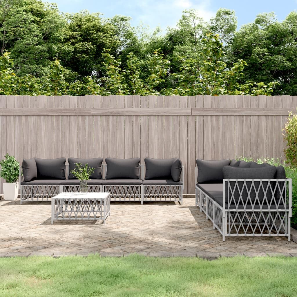 vidaXL 9-Piece Patio Lounge Set with Cushions in White - Steel Frame | Modular Outdoor Furniture | Comfortable Seating | Durable Woven Fabric Material | Ideal for Garden and Yard Spaces.
