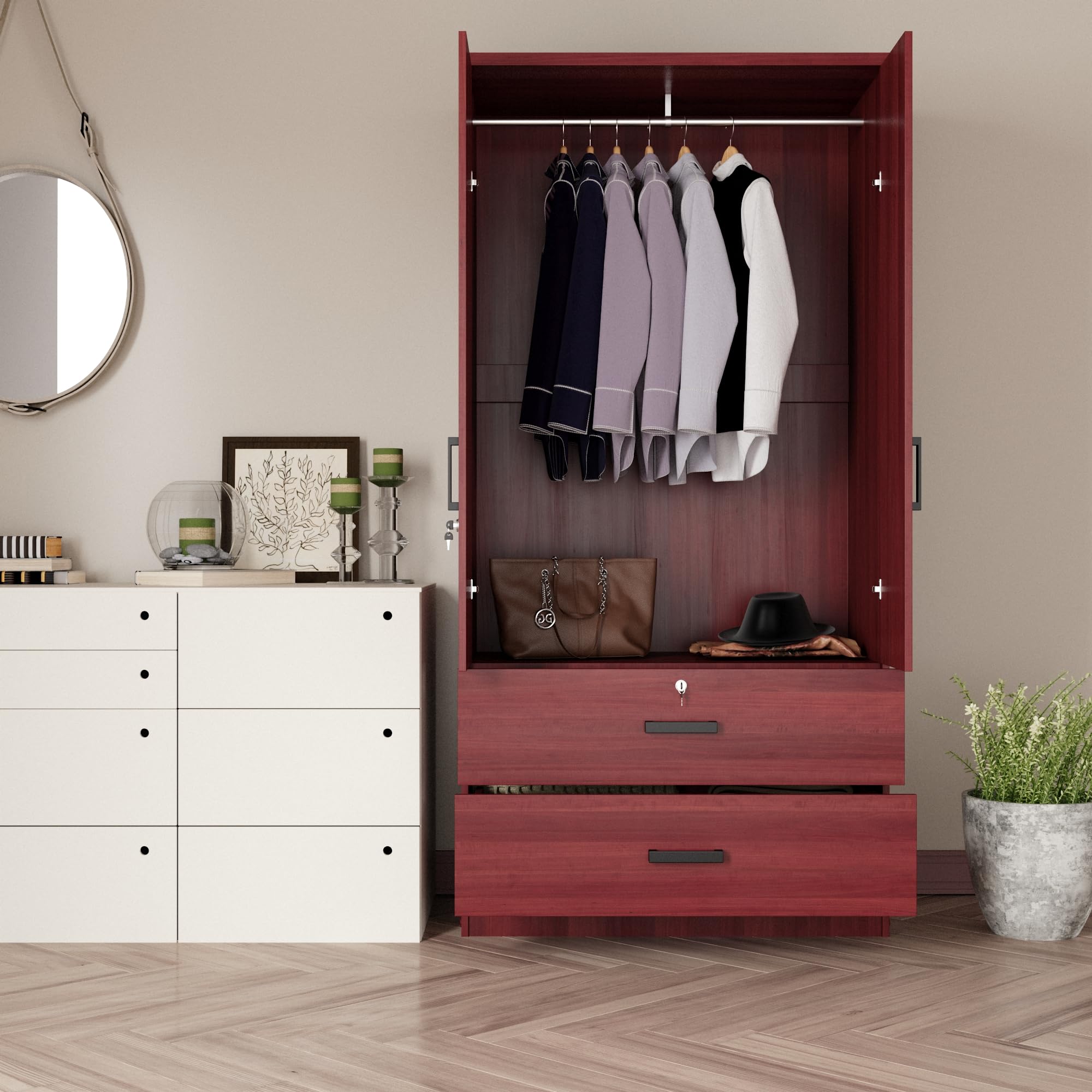 Woodpeckers Furniture And Mattress 2-Door Closet with 2-Drawers (Mahogany)