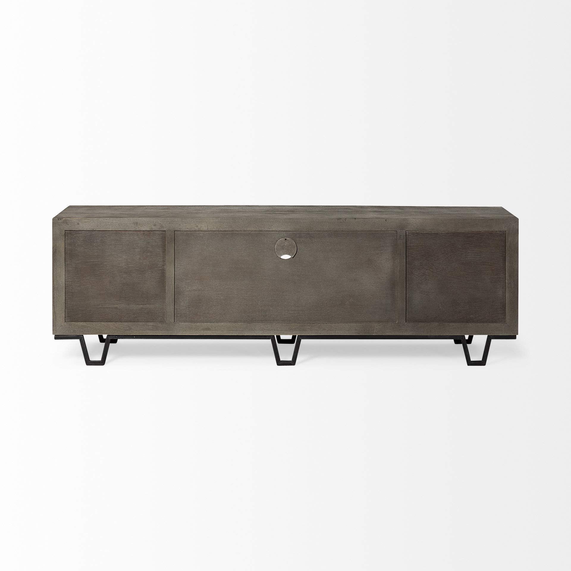HomeRoots Medium Brown, Black Wood, Metal Medium Brown Wood TV Stand Media Console with 4 Doors and Small Media Shelf