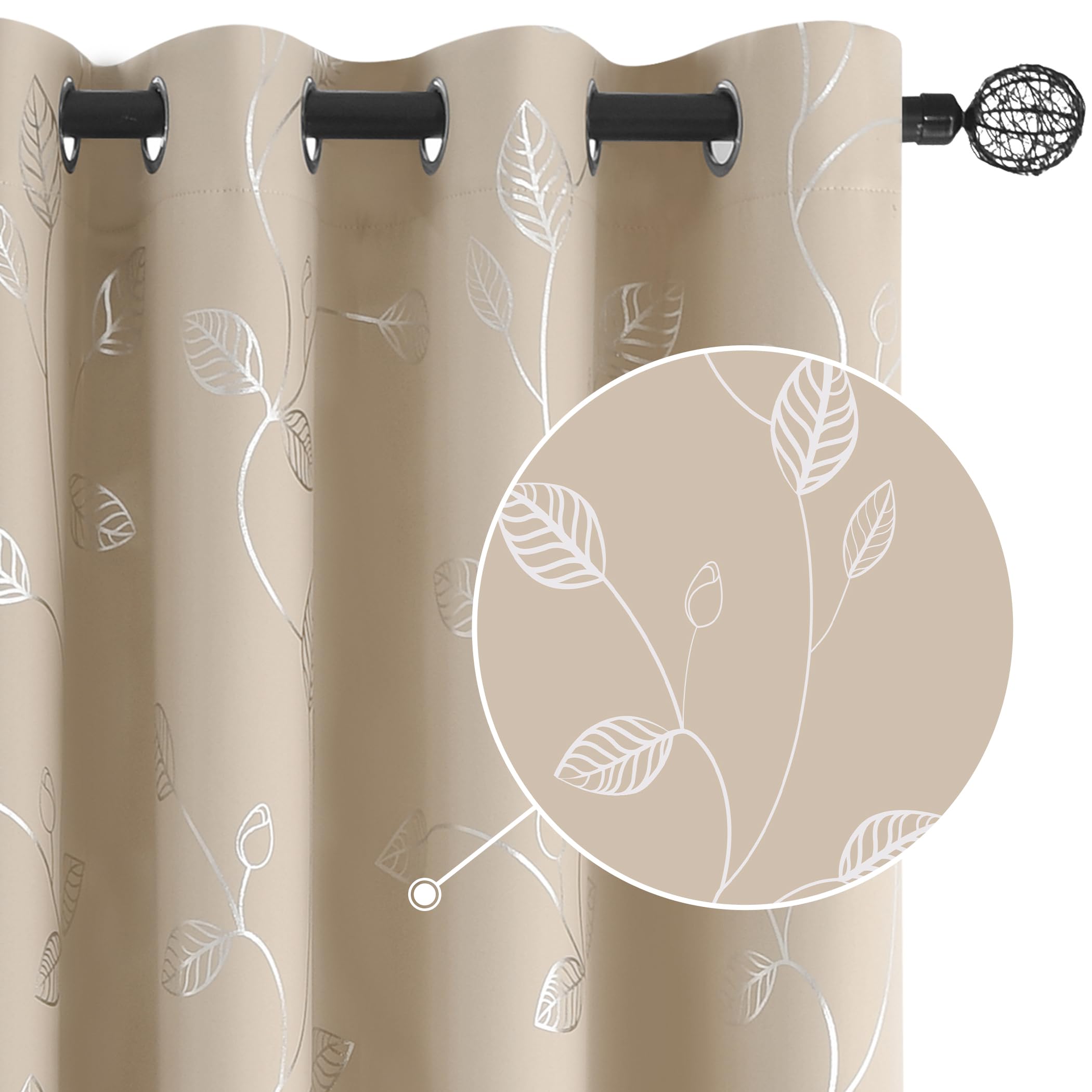 Buhua Beige Blackout Curtains 84 Inches Long, Darkening Curtains For Bedroom Window Curtain Panels With Leaf Pattern (52 X 84 In