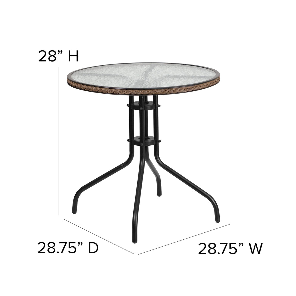 Flash Furniture Barker 28'' Round Tempered Glass Metal Table with Dark Brown Rattan Edging