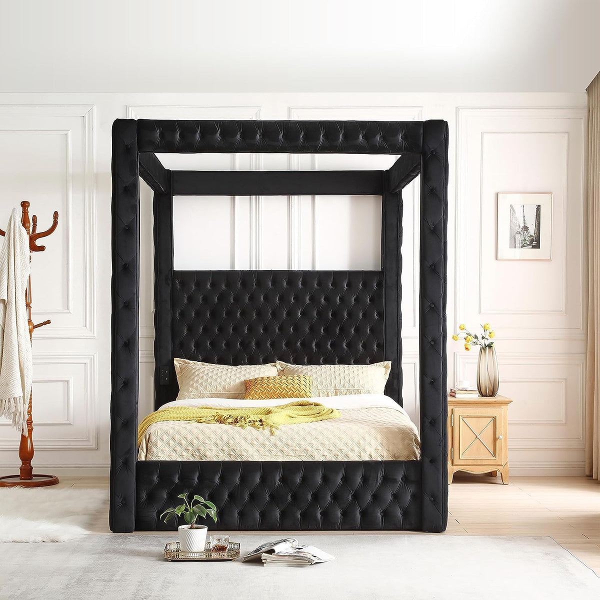 Woodpecker'S Inc Luxurious Velvet Canopy Bed With Speaker & Usb Connection (Black, Queen)