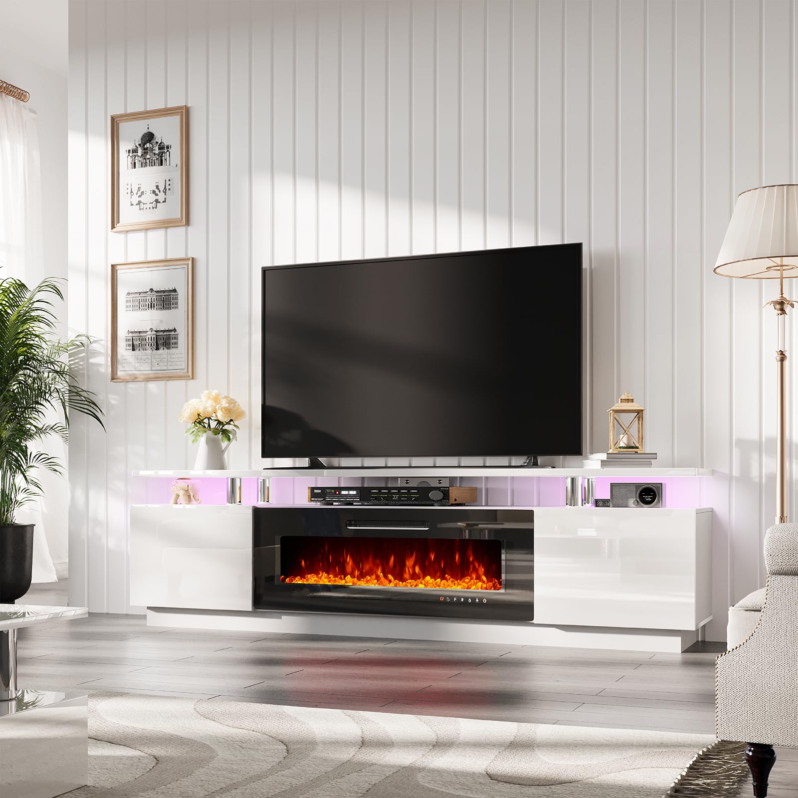 Amerlife Fireplace Tv Stand With 40' Fireplace, 80' Modern High Gloss Fireplace Entertainment Center Led Lights, 2 Tier Tv Console Cabinet For Tvs Up To 90', Ivory White