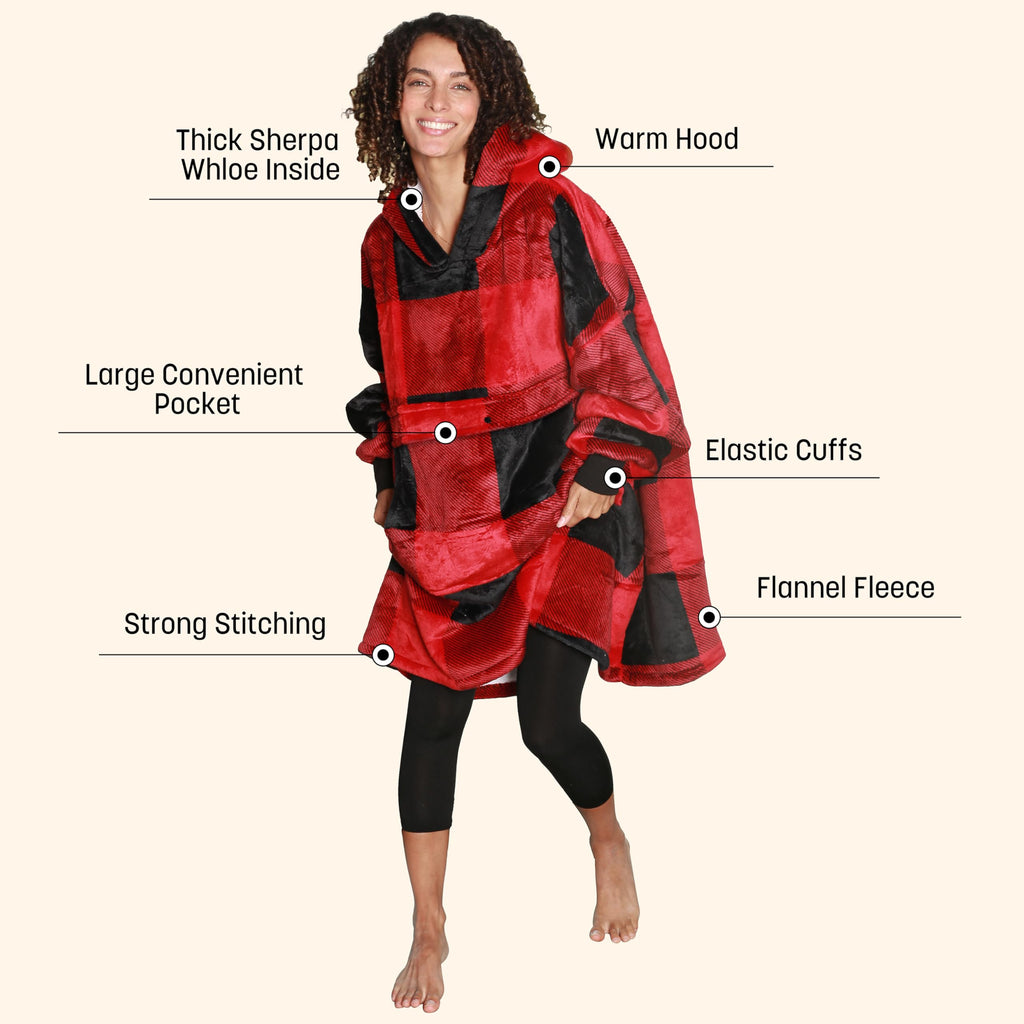 Catalonia Buffalo Plaid Oversized Blanket Hoodie Sweatshirt, Wearable Sherpa Lounging Pullover For Adults Men Women Teenagers Wi