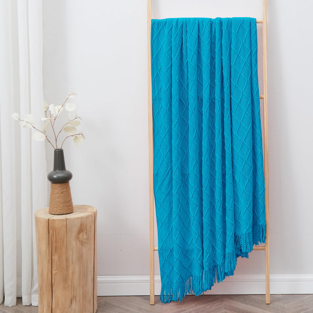 Inhand Teal Throw Blanket For Couch And Bed, Soft Living Room Home Decor Knitted Blanket With Tassel, Outdoor Lightweight Breath