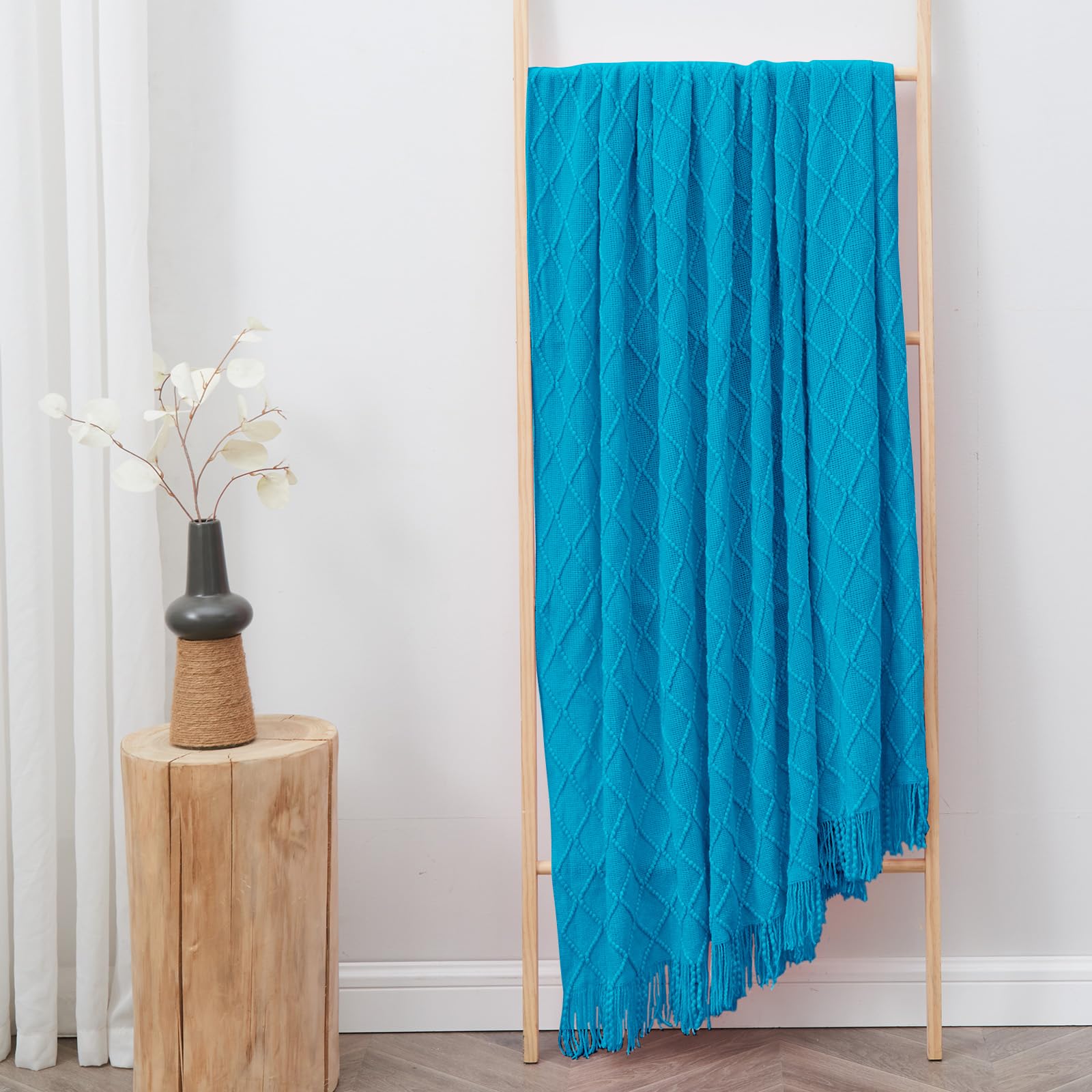 Inhand Teal Throw Blanket For Couch And Bed, Soft Living Room Home Decor Knitted Blanket With Tassel, Outdoor Lightweight Breath