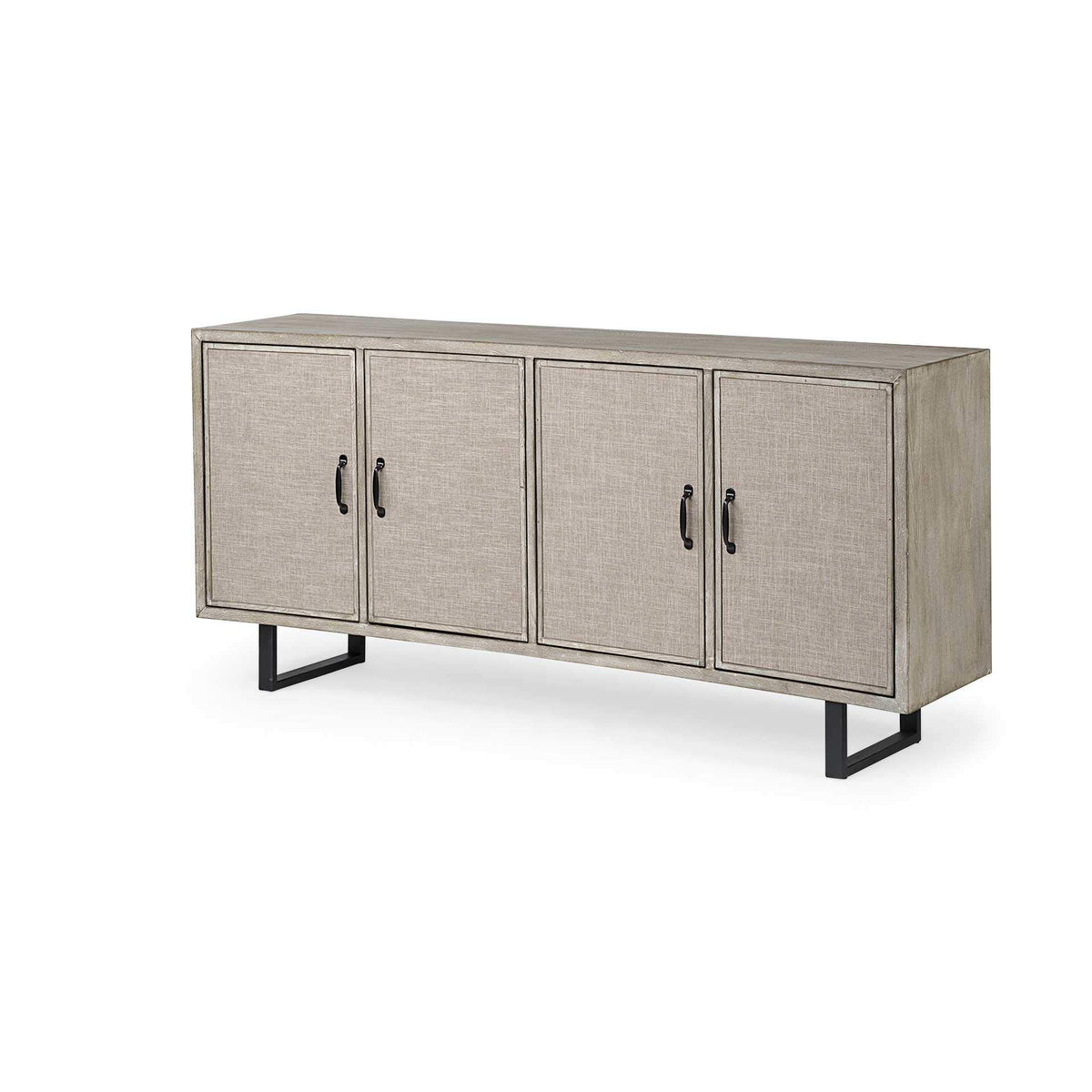 HomeRoots Light Brown Solid Wood Sideboard with 4 Fabric Covered Cabinet Doors