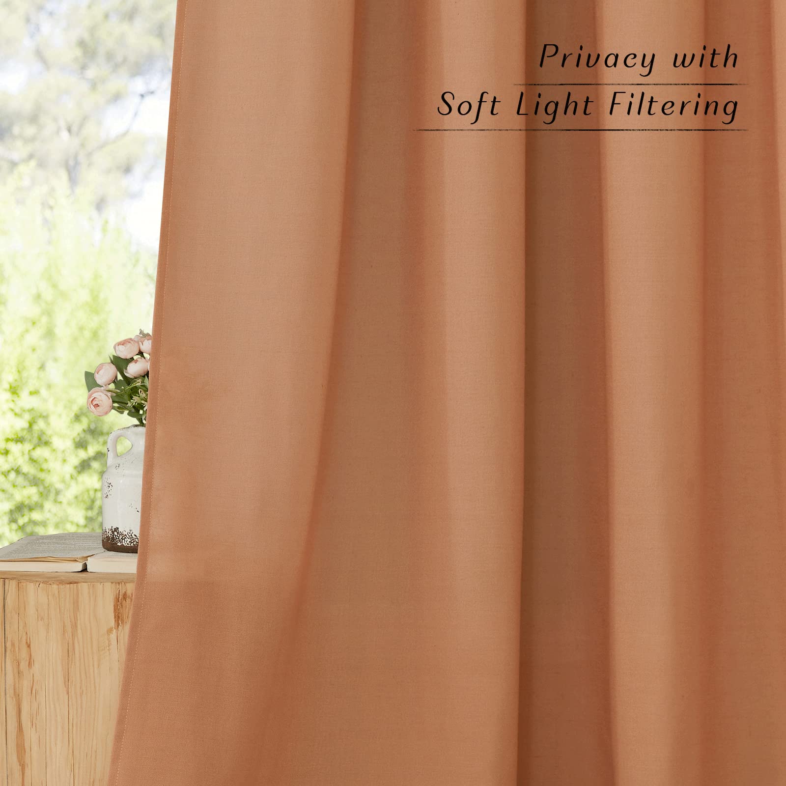Nicetown Linen Curtains 84 Inch Length 2 Panels Burnt Orange, Grommet Privacy Added Thick Flax Linen Burlap Semi Sheer Light Filtering Window Curtain Drapes For Bedroom/Flat, W55 X L84