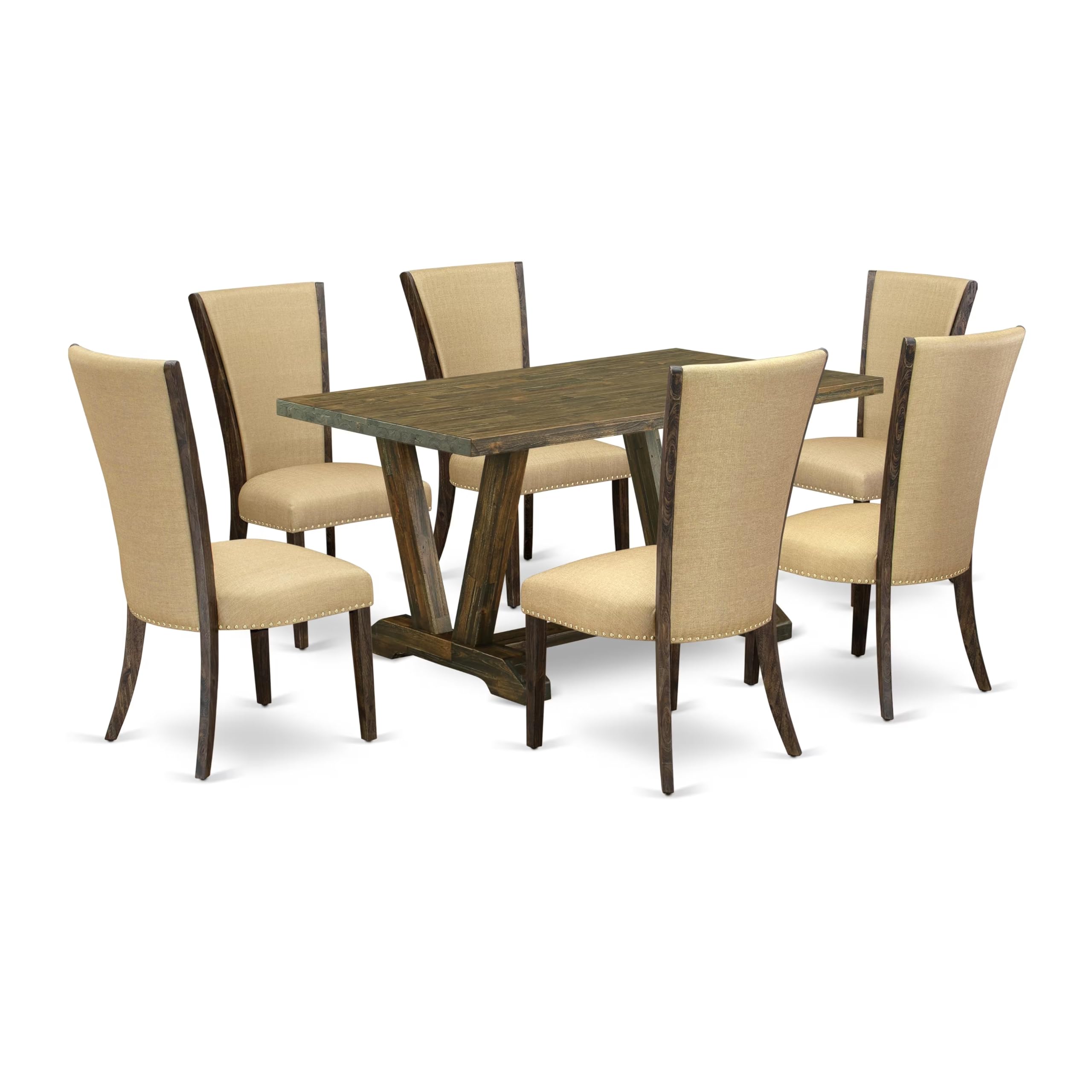 East West Furniture V776Ve703-7 7 Piece Dining Table Set Consist Of A Rectangle Dining Room Table With V-Legs And 6 Brown Linen Fabric Upholstered Chairs, 36X60 Inch, Multi-Color