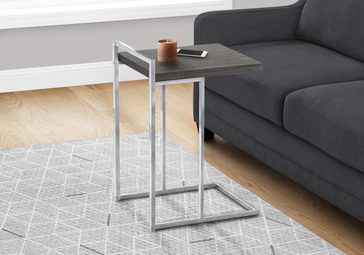 Monarch Specialties I 3637 Accent Table, C-Shaped, End, Side, Snack, Living Room, Bedroom, Metal, Laminate, Grey, Chrome, Contemporary, Modern