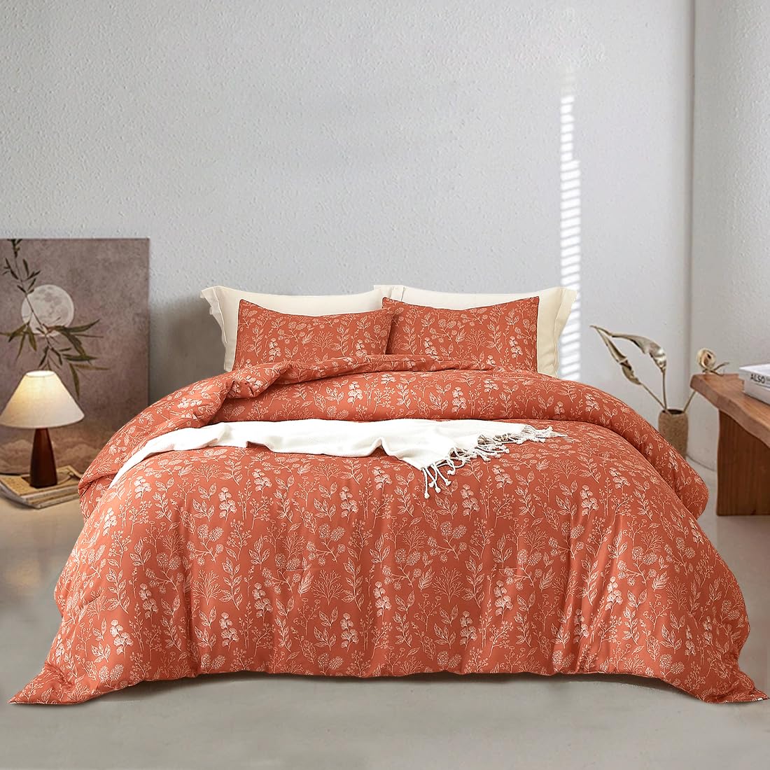 Eavd Vintage Style Botanical Floral Duvet Cover King Terracotta Soft Cotton Chic Shabby Garden Small Floral Bedding Set With 2 P