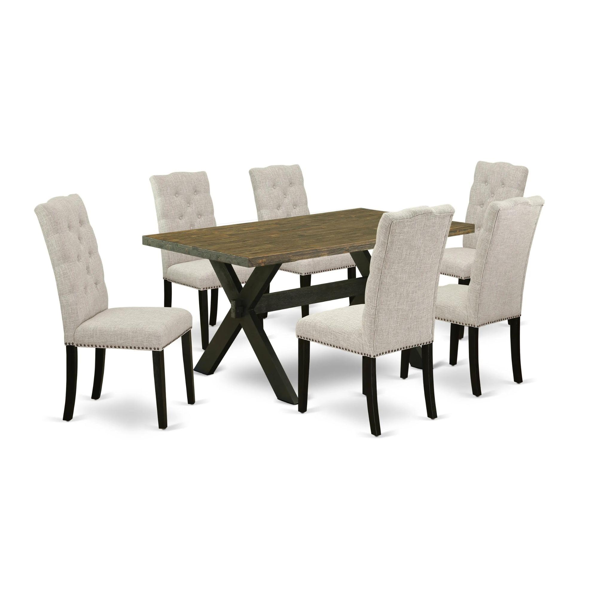 East West Furniture X-Style 7 Piece Kitchen Set Consist Of A Rectangle Table With X-Legs And 6 Doeskin Linen Fabric Parsons Dining Chairs, 36X60 Inch, Multi-Color