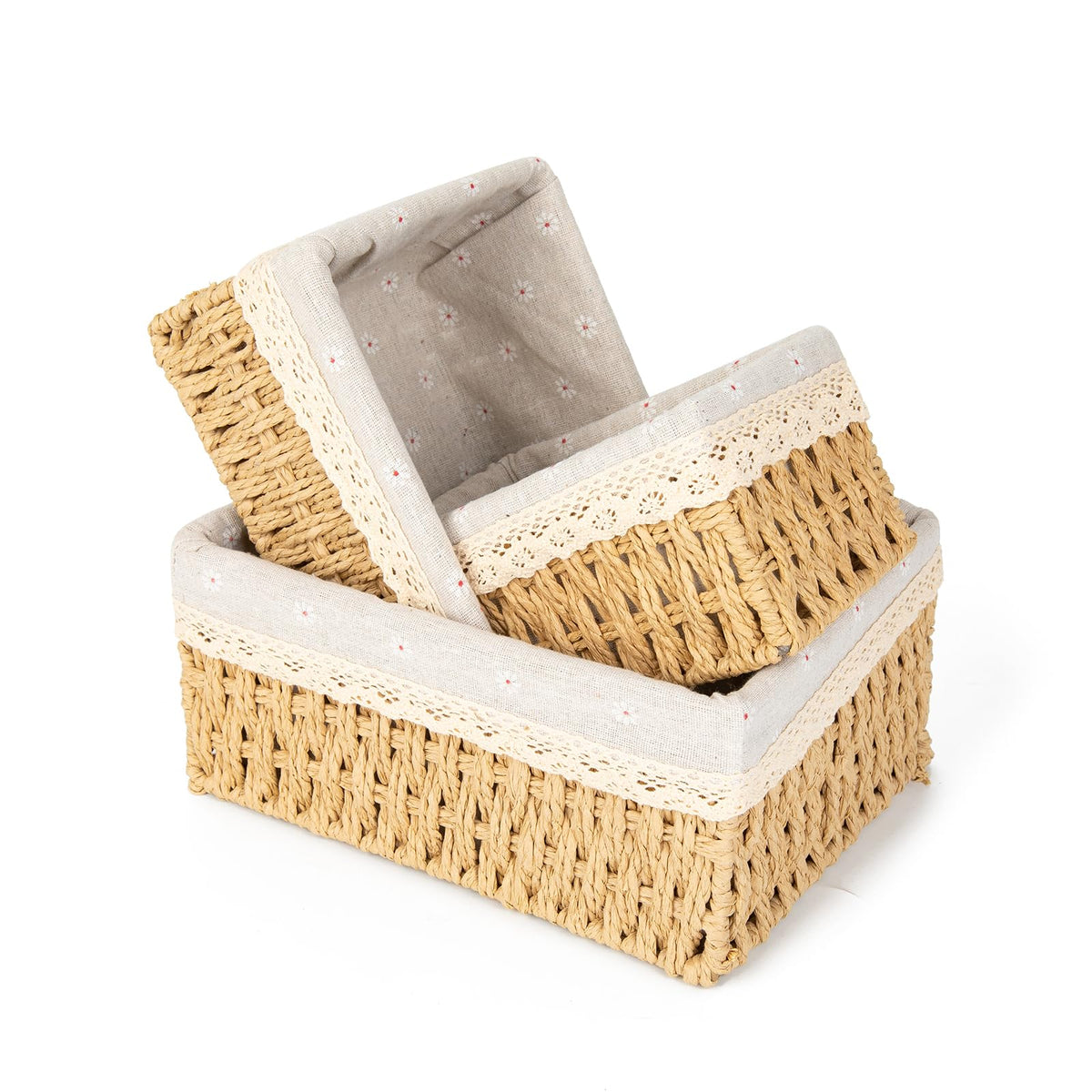 Wicker Baskets with Liner for Counter, Natural Paper Rope Rattan Storage Basket,Hand Woven Pantry Table Organizer Bins for Bedro