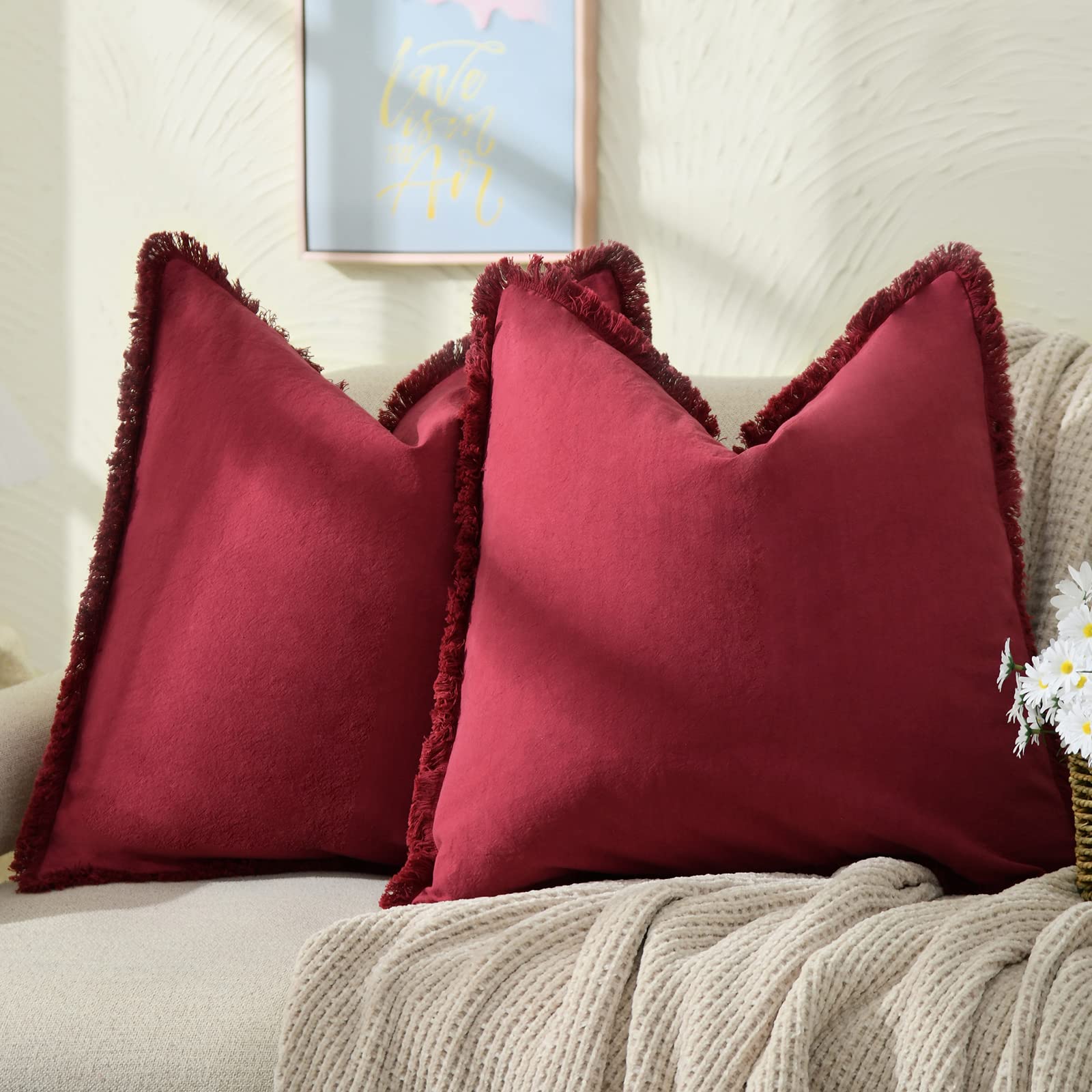 Zwjd Pillow Covers 24X24 Set Of 2 Burgundy Throw Pillow Covers With Fringe Chic Cotton Decorative Pillows Square Cushion Covers