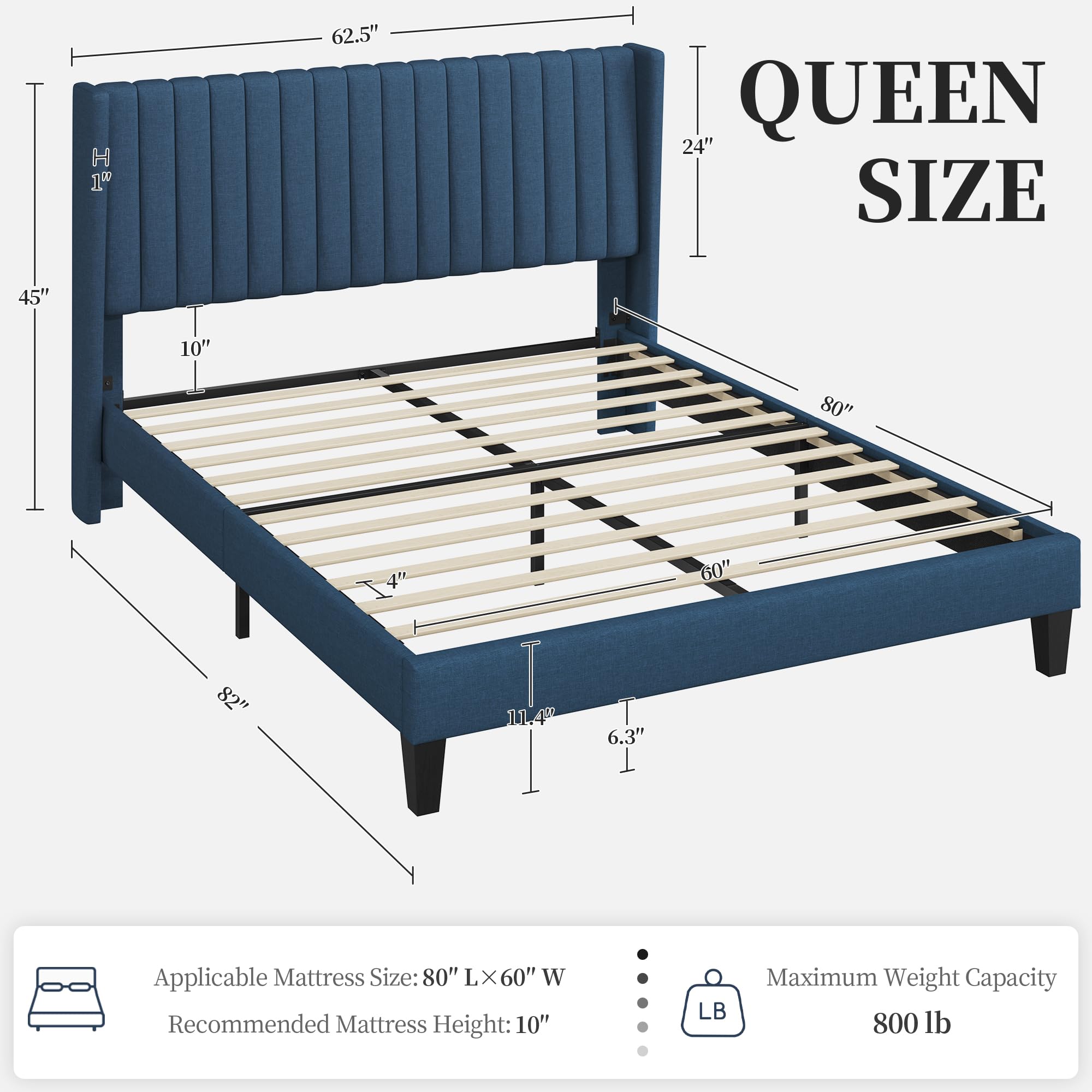 Yaheetech Queen Bed Frame Upholstered Platform Bed With Fabric Headboard, Wing Edge Design/Non-Slip And Noise-Free/Wooden Slats Support/No Box Spring Needed/Easy Assembly, Navy Blue Queen Bed
