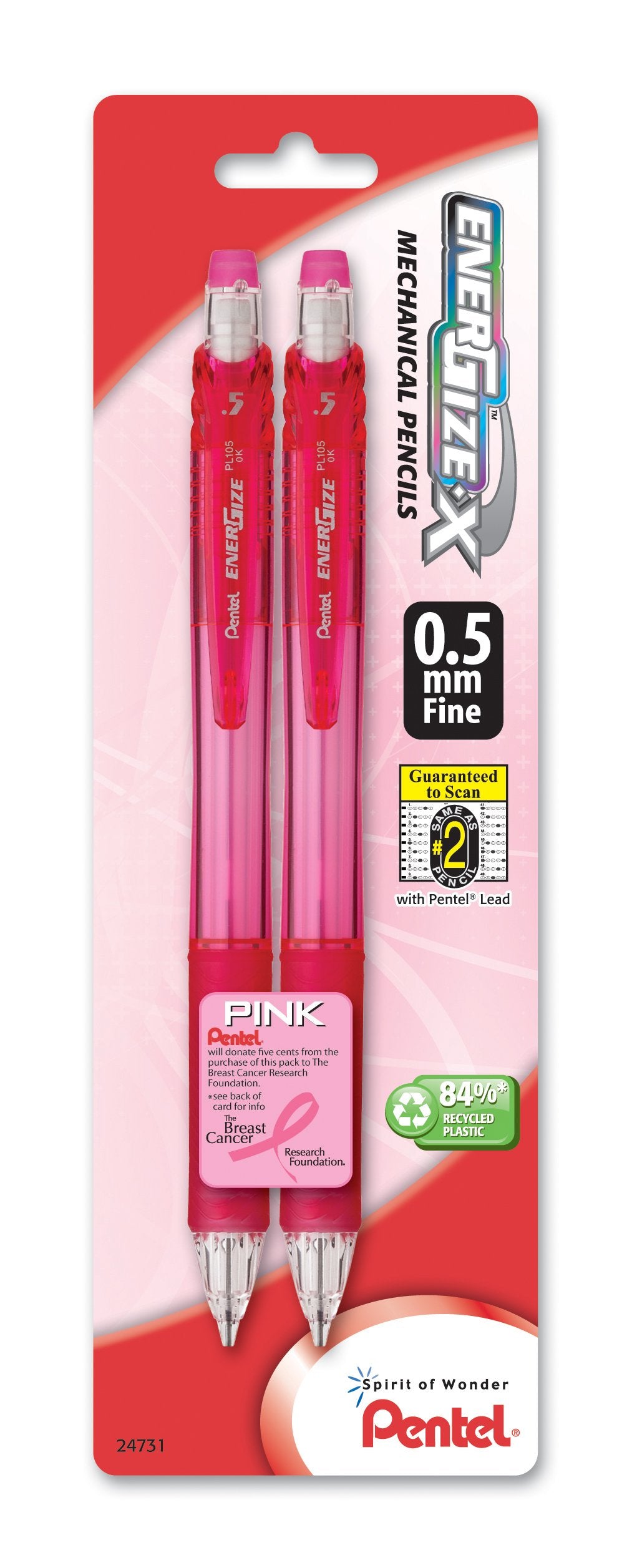 Pentel Bca Energize-X Mechanical Pencil, 0.5Mm, Pink Barrels, Pack Of 2 (Pl105Bp2P-Bc)