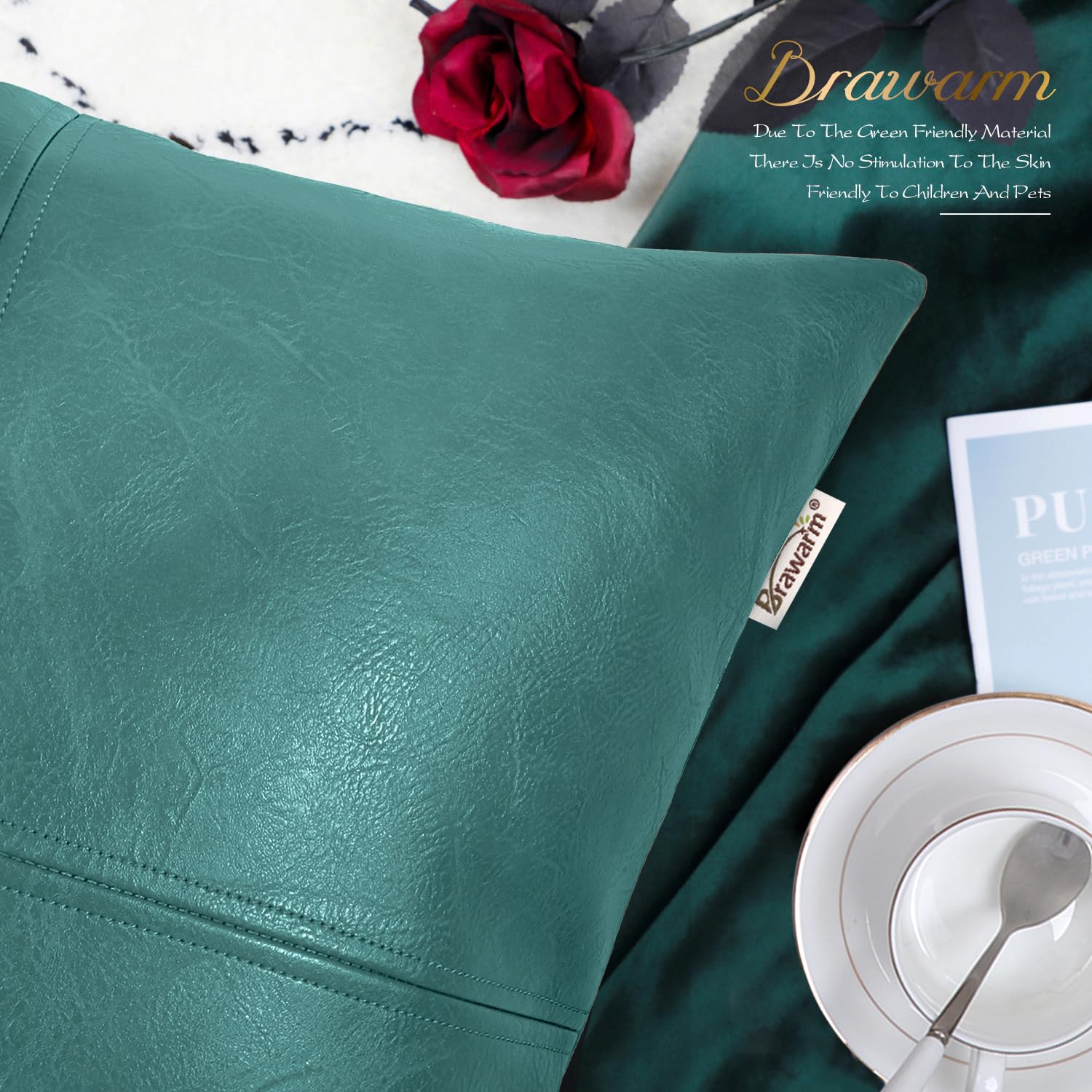 Brawarm Faux Leather Throw Pillow Covers 18 X 18 Inches, Teal Leather Pillow Cover, Hand Stitched Leather Decorative Pillow Cove