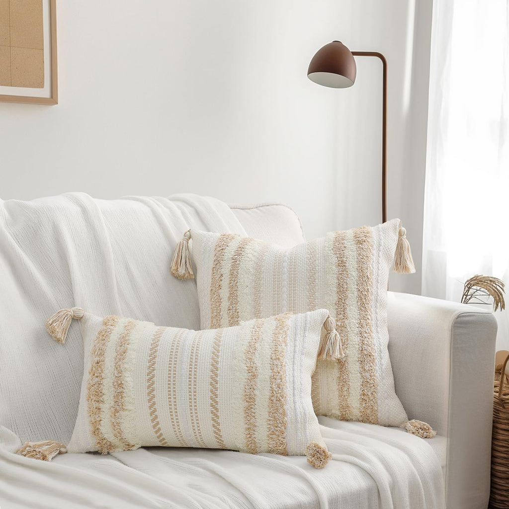 Decoruhome Boho Lumbar Decorative Throw Pillow Covers For Bed Bedroom Neutral Accent Cushion Cover Tufted Woven Pillow Case, 12X
