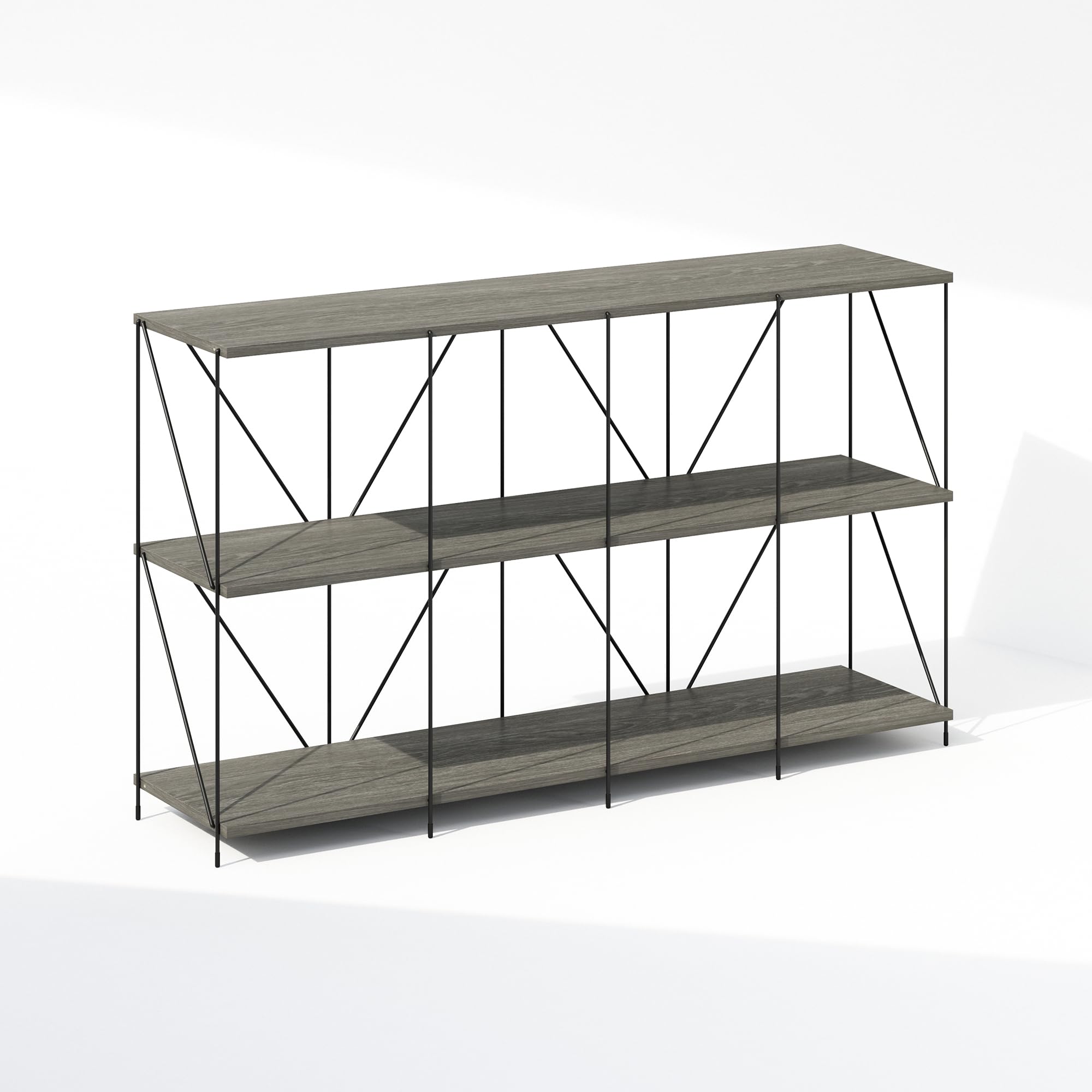 Furinno Wire 3-Tier Industrial Style Metal Frame Bookcase, Display Shelf, 47 Wide, Finn Oak