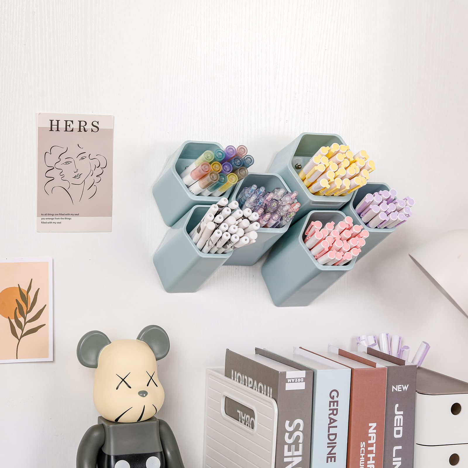 Yesesion Large Pencil Holder For Office, Adhesive Wall-Mounted Pen Cup Set With 6 Compartments, Detachable Marker Organizer For