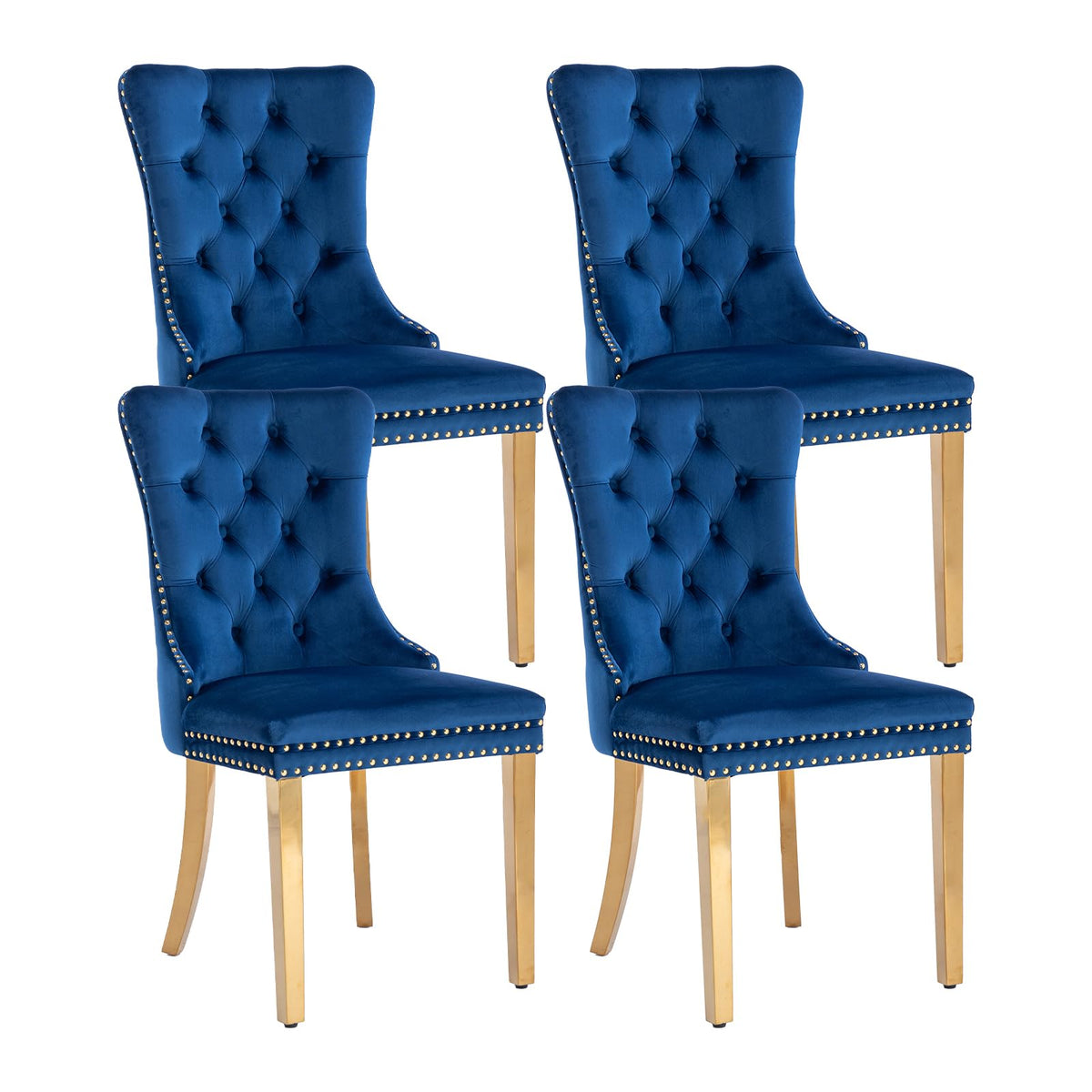 Blue Velvet Dining Chairs Set Of 4, Dining Room Chairs Set Of 4, Tufted Upholstered Dining Room Chair, Back Ring Pull Trim, Gold