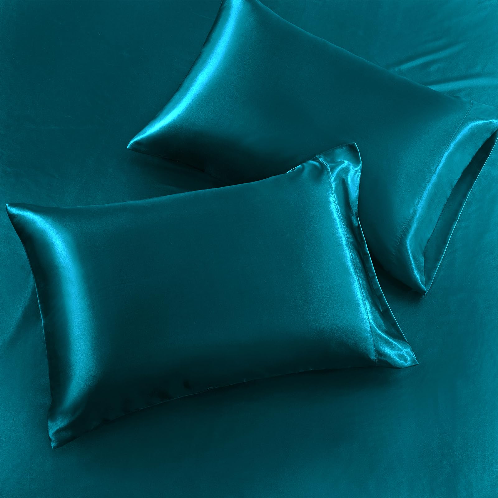 Siinvdabzx 3-Piece Set Satin King Fitted Sheet & 2 Pillowcase, Dark Teal Silky Soft Fitted Bottom Sheet, Wrinkle Free, Fade Resi