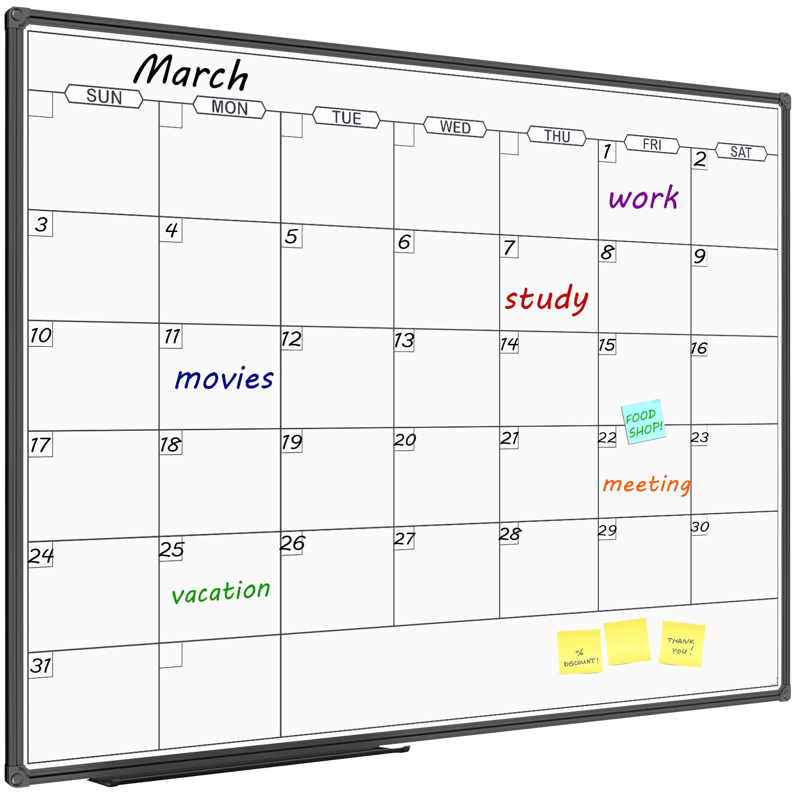 Jiloffice Dry Erase Calendar Whiteboard - Magnetic White Board Calendar Monthly 48 X 36 Inch, Black Aluminum Frame Wall Mounted