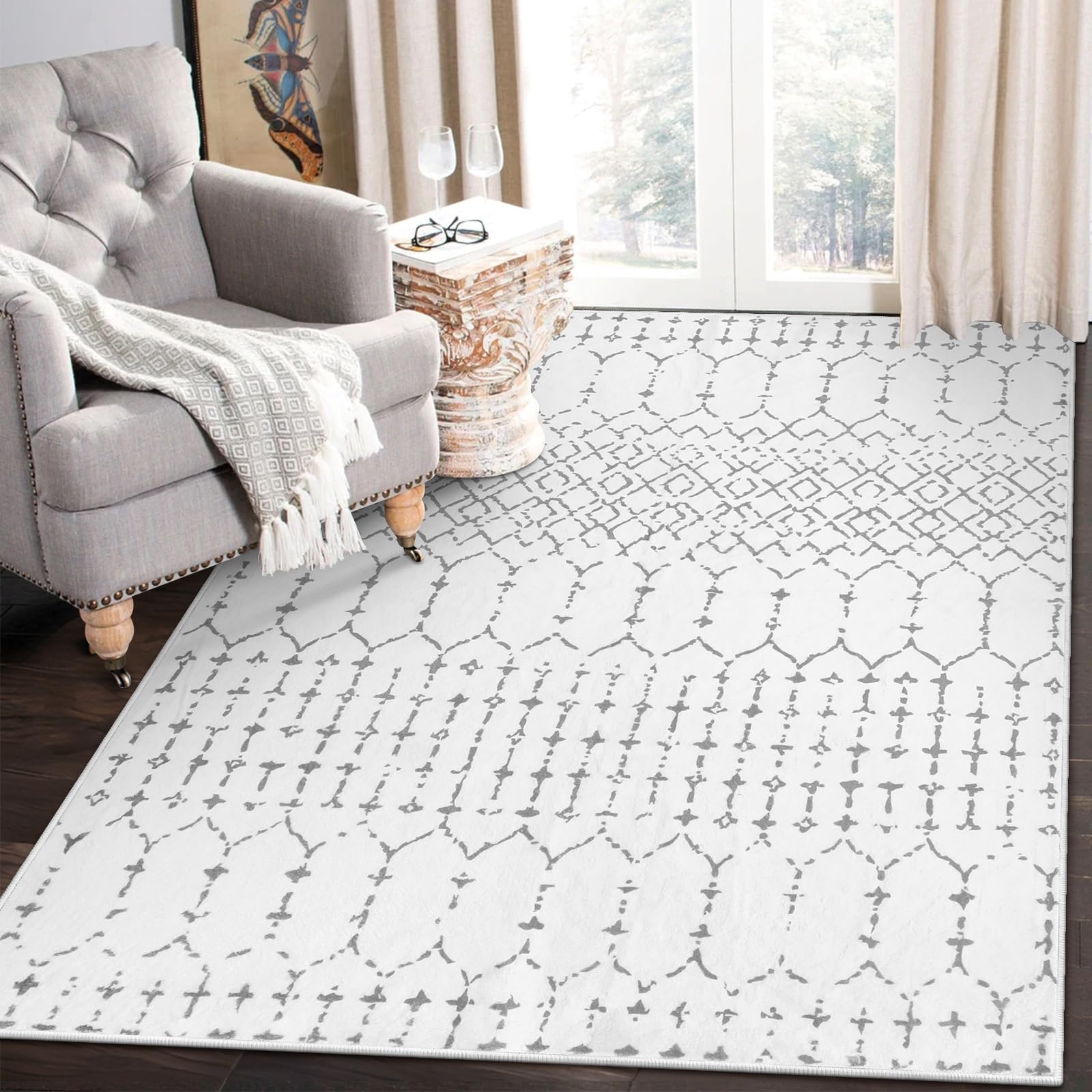 Lahome Moroccan Area Rug for Living Room - 4x6 Rug Washable Non-Slip Soft Bedroom Carpet Lightweight Throw White Office Rug, Mod