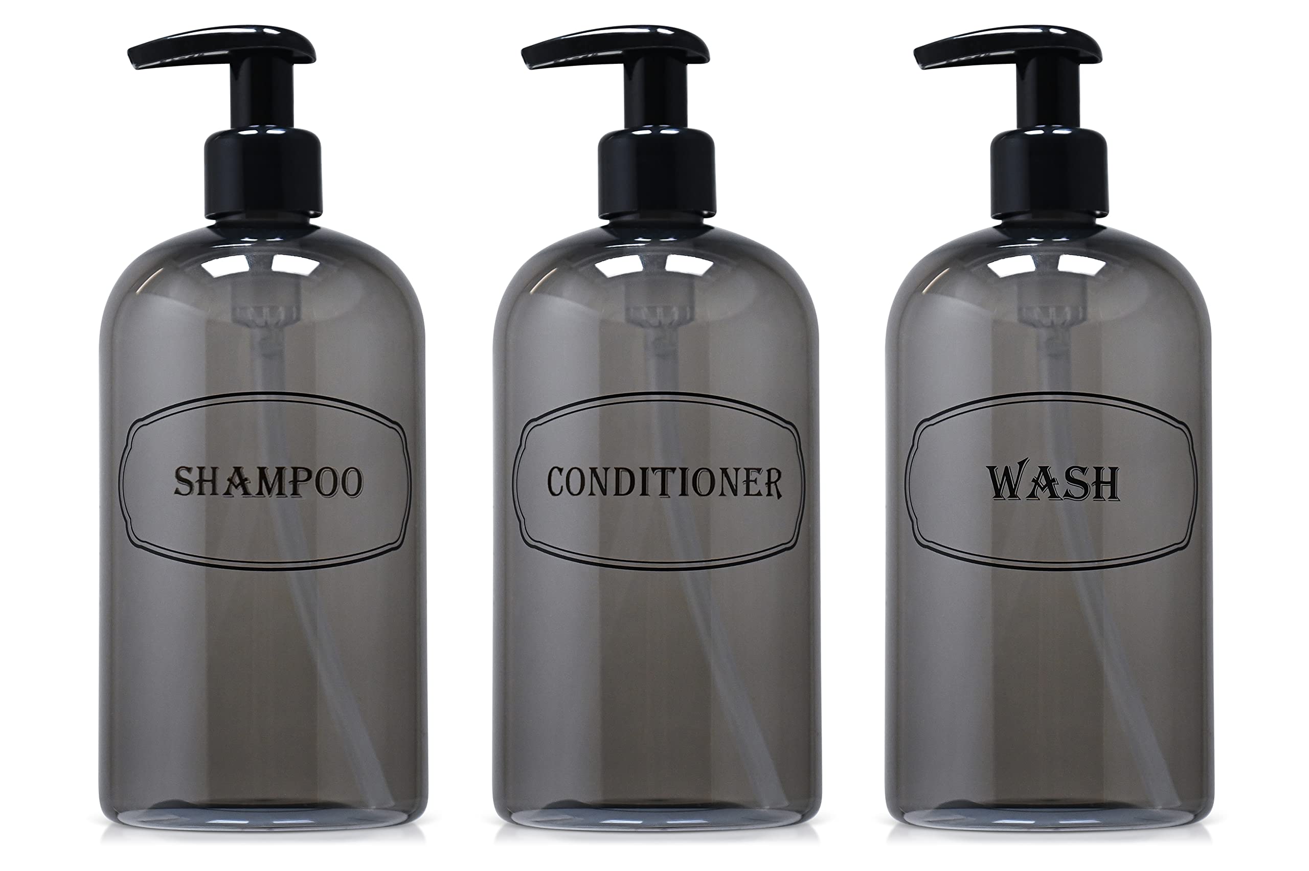 Bottiful Home-16 oz Grey Shampoo, Conditioner, Wash Shower Soap Dispensers-3 Refillable Empty PET Plastic Pump Bottle Shower Con