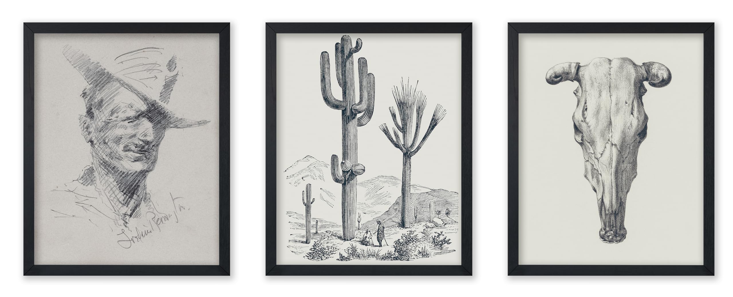 Poster Master 3-Piece Vintage Illustration Poster - Retro Minimalist Print - Gift for Artist, Friend - Bull Skull, Cowboy, Cactu