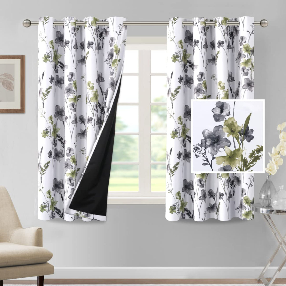 H.Versailtex 100% Blackout Curtains 63 Inch Length 2 Panels Set Cattleya Floral Printed Drapes Leah Floral Thermal Curtains For