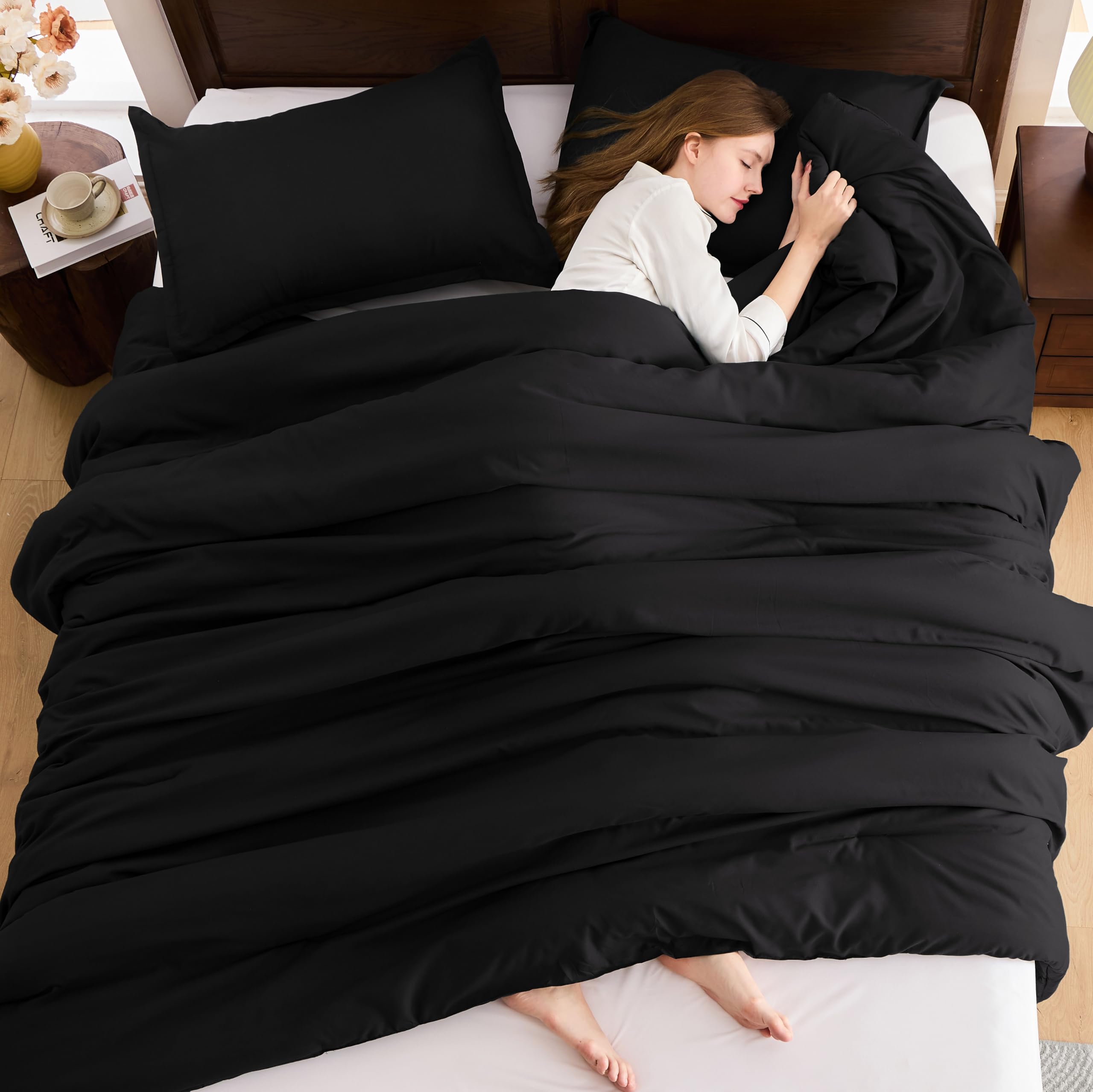 Andency Black Comforter Set Queen, 3 Pieces Lightweight Solid Bed Comforter For Men Women, All Season Soft Microfiber Down Alternative Comforter Set